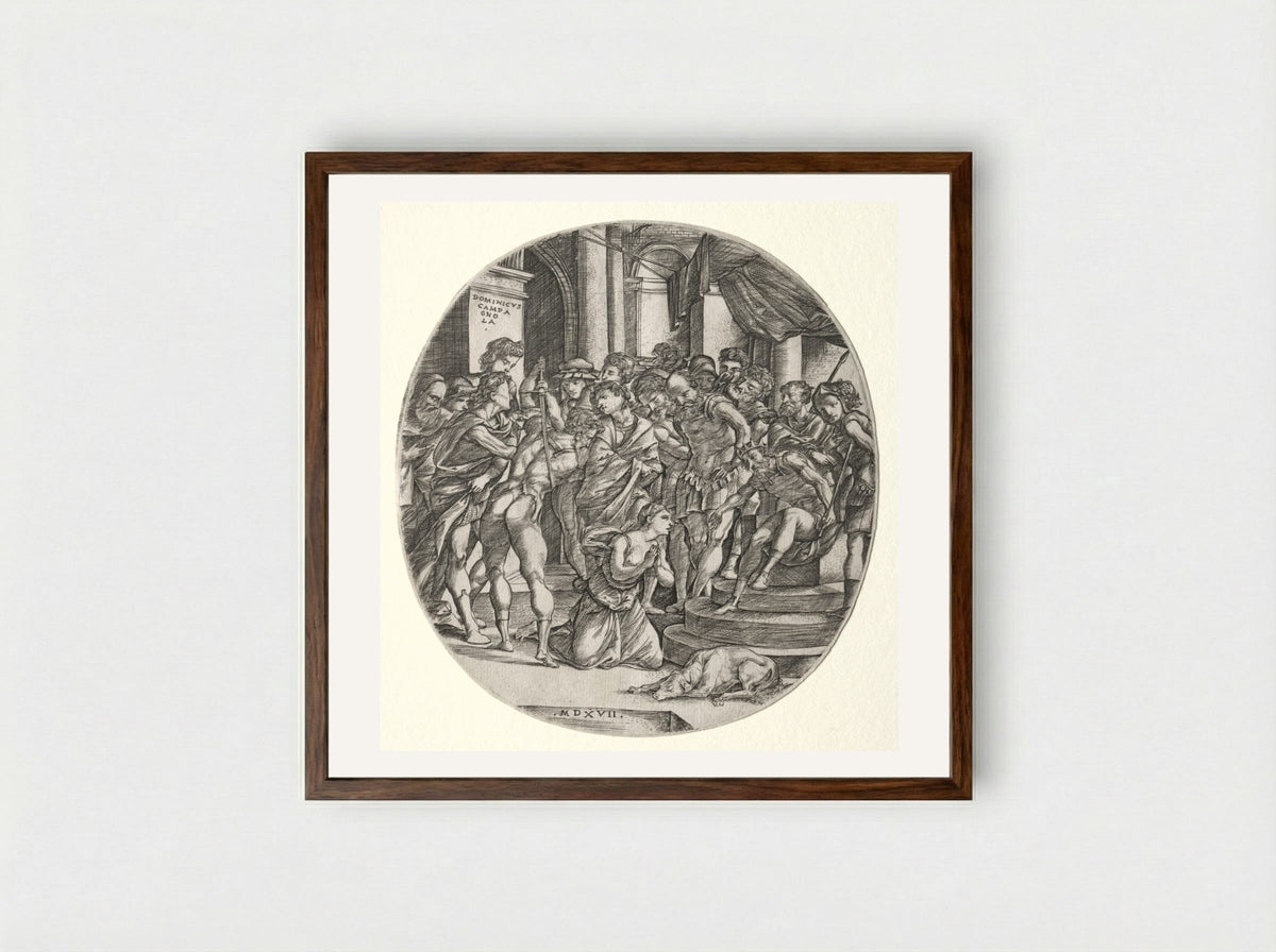 Beheading of Saint Catherine - Domenico Campagnola - Framed Print Dark Wood