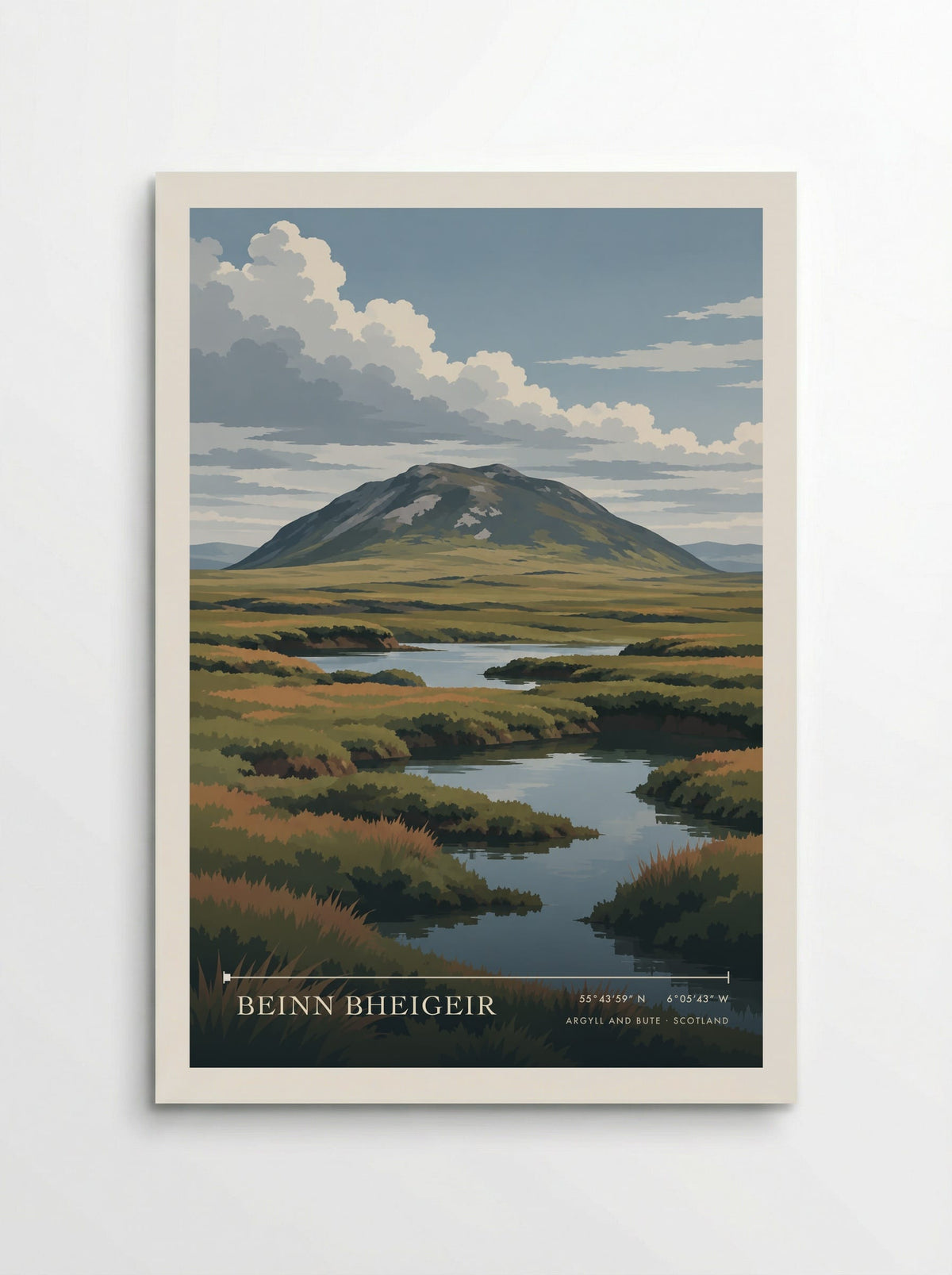 Beinn Bheigeir, Argyll and Bute travel poster: a broad rocky summit above rough moor, ochre grasses and winding pools under soft clouds