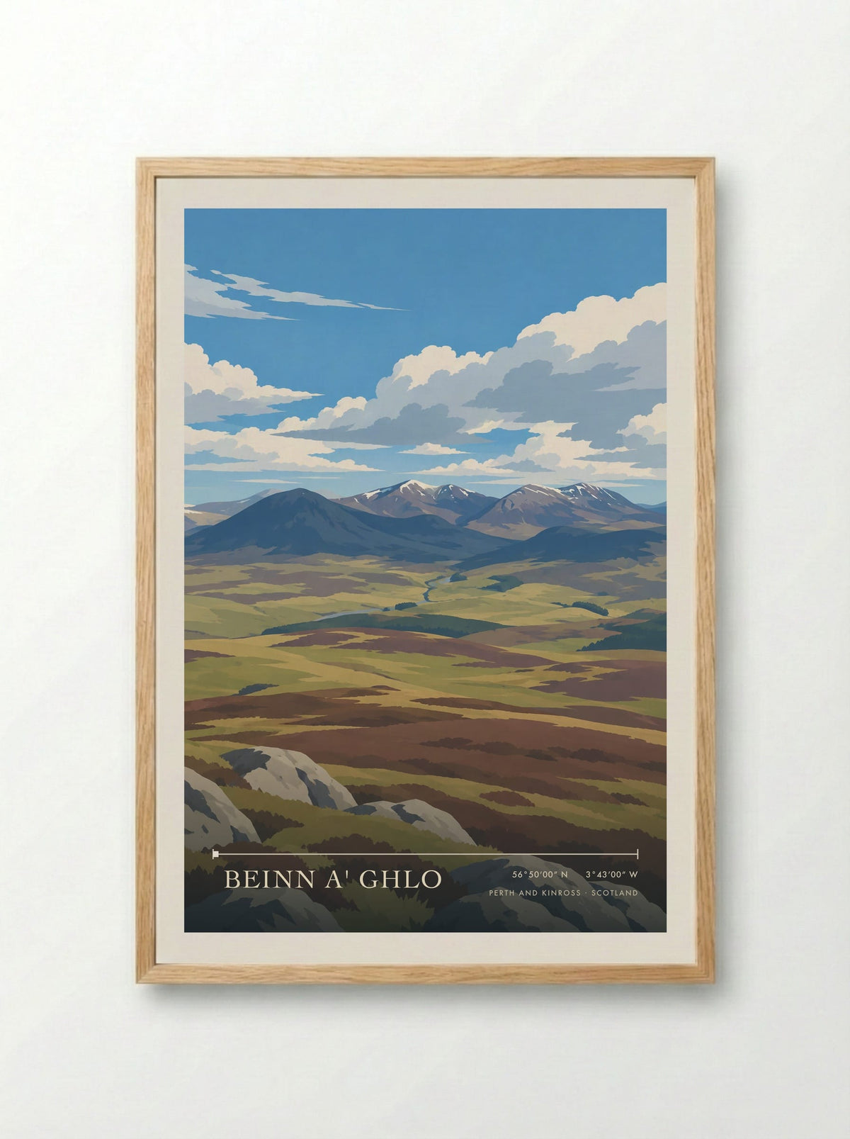 Beinn a' Ghlo, Perth and Kinross | Travel Poster - Framed Print Wood