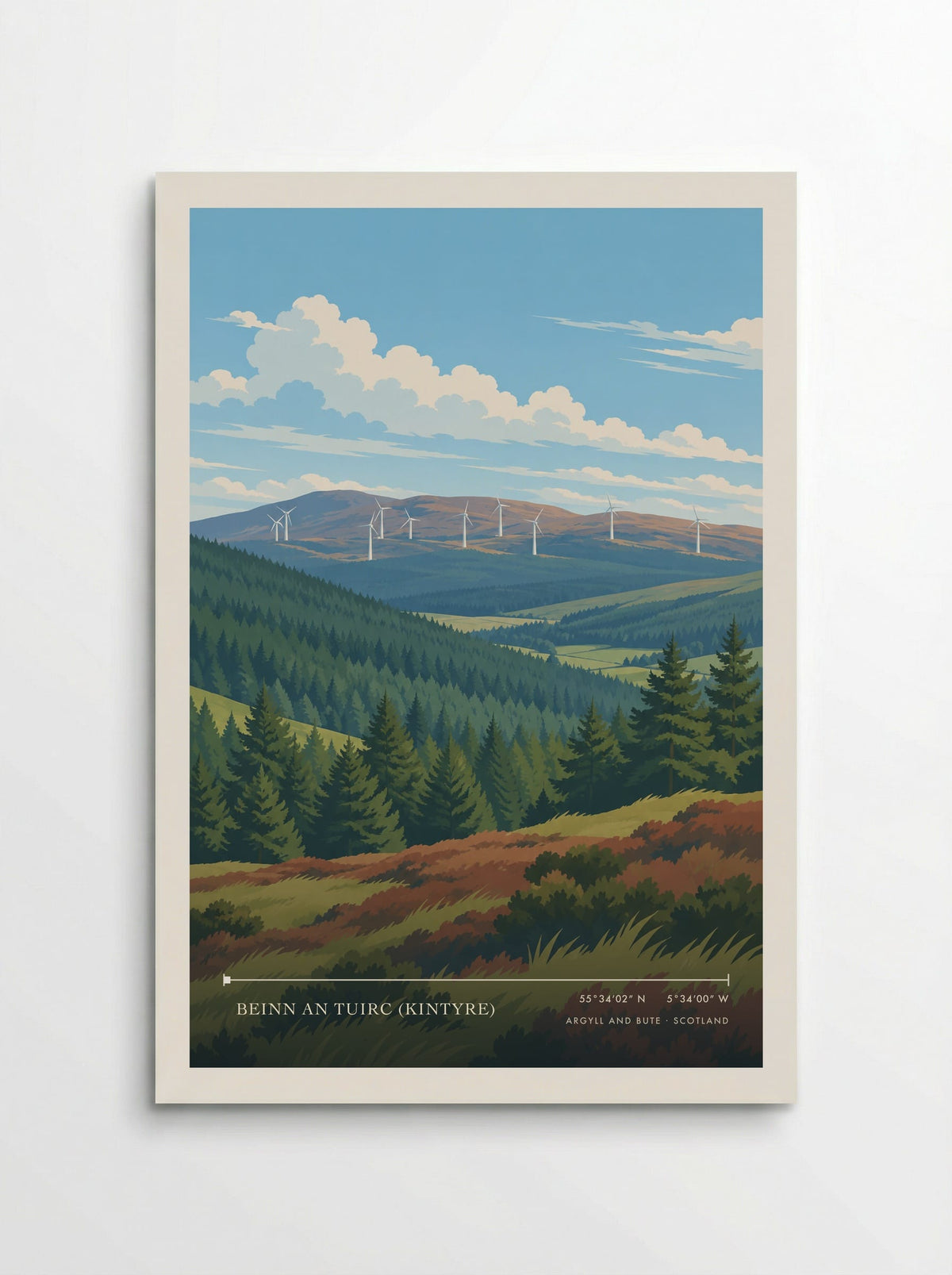 Beinn an Tuirc (Kintyre), Argyll and Bute travel poster: white turbines on a broad ridge above dark conifer forests and warm coloured foreground heath