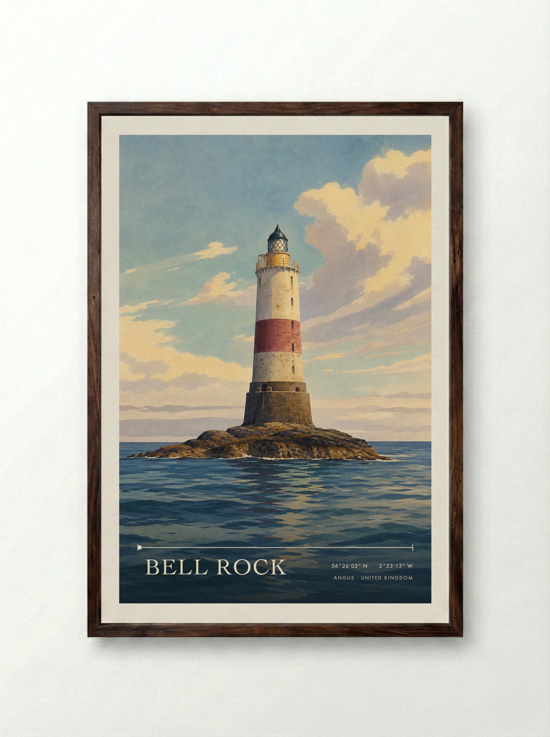 Bell Rock Angus United Kingdom Travel Poster - Framed Print Dark Wood