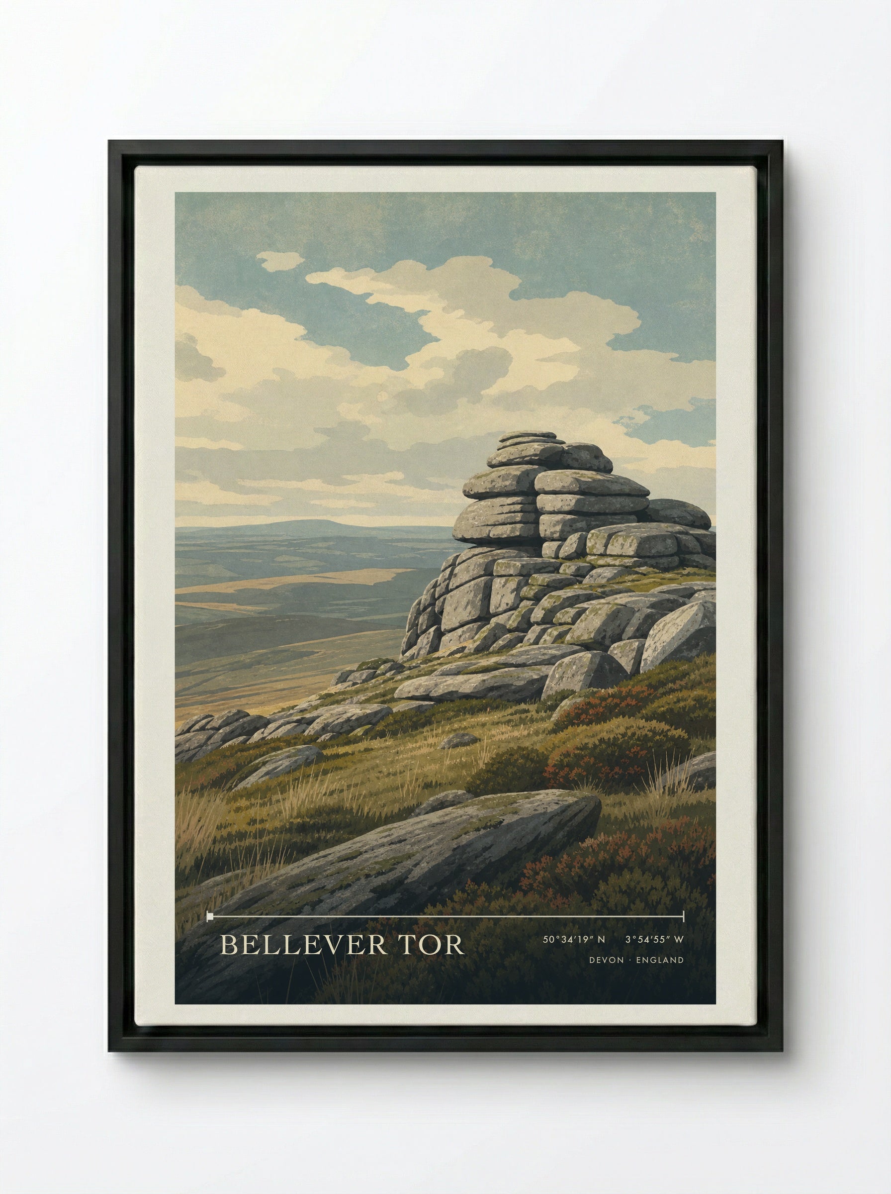 Bellever Tor Devon England Travel Poster - Framed Canvas Black