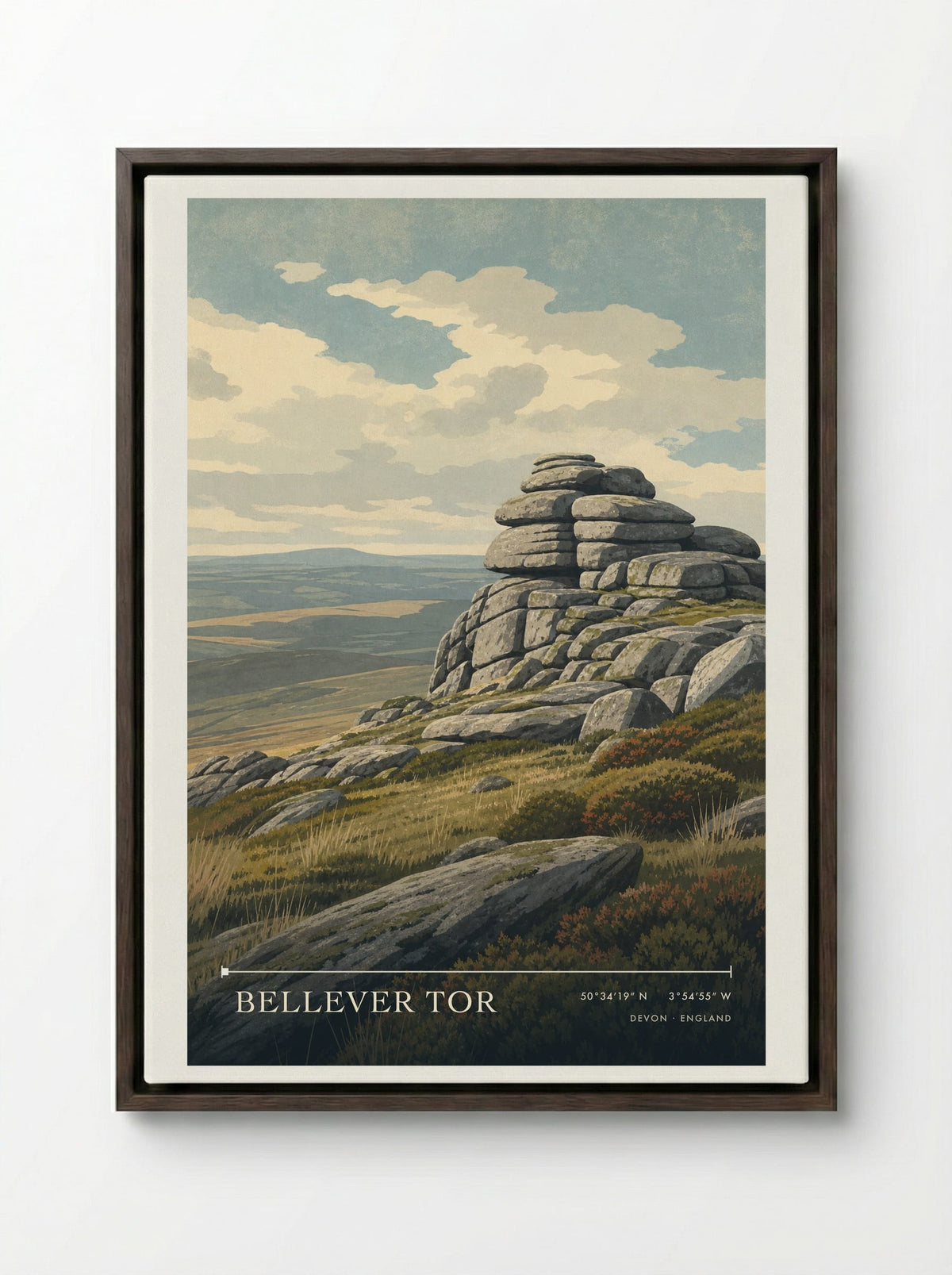 Bellever Tor Devon England Travel Poster - Framed Canvas Dark Wood