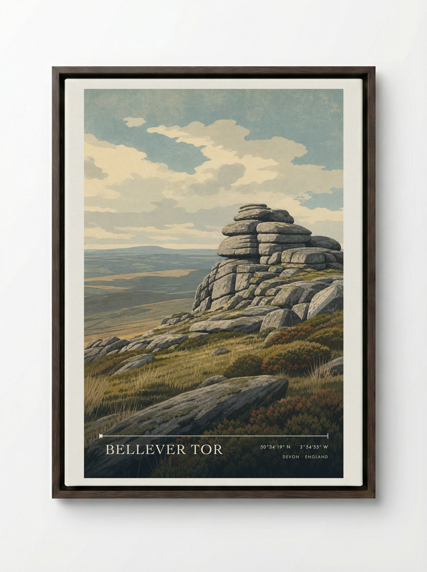 Bellever Tor Devon England Travel Poster - Framed Canvas Dark Wood