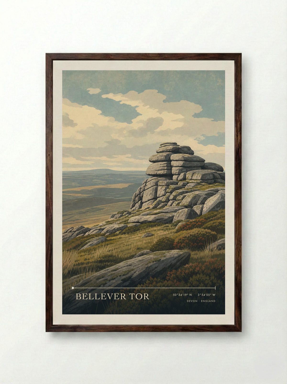 Bellever Tor Devon England Travel Poster - Framed Print Dark Wood