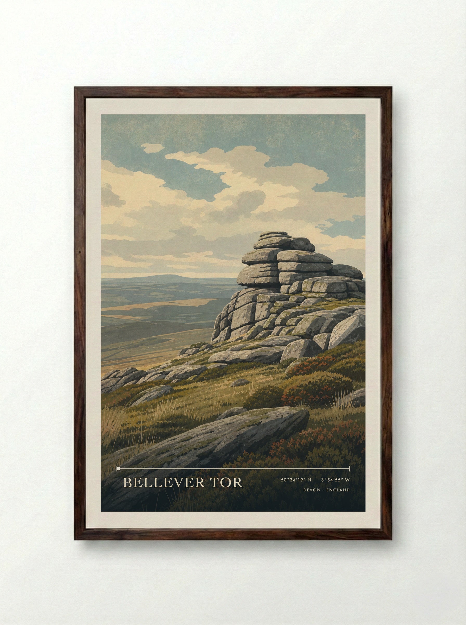 Bellever Tor Devon England Travel Poster - Framed Print Dark Wood