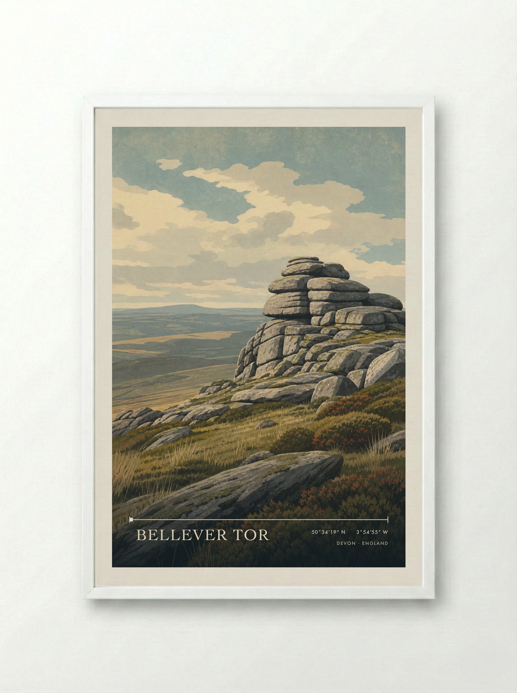 Bellever Tor Devon England Travel Poster - Framed Print White
