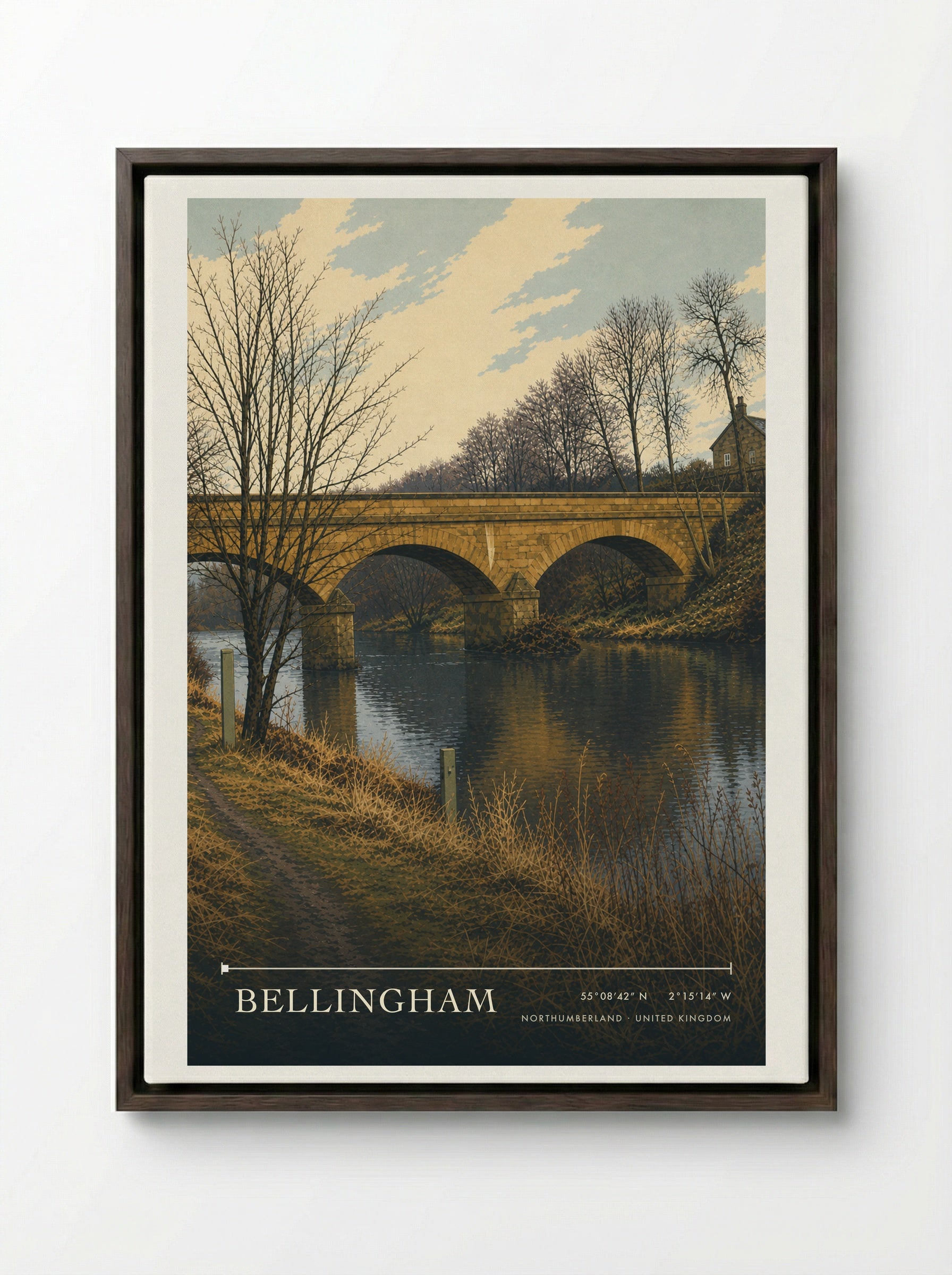 Bellingham Northumberland United Kingdom Travel Poster - Framed Canvas Dark Wood