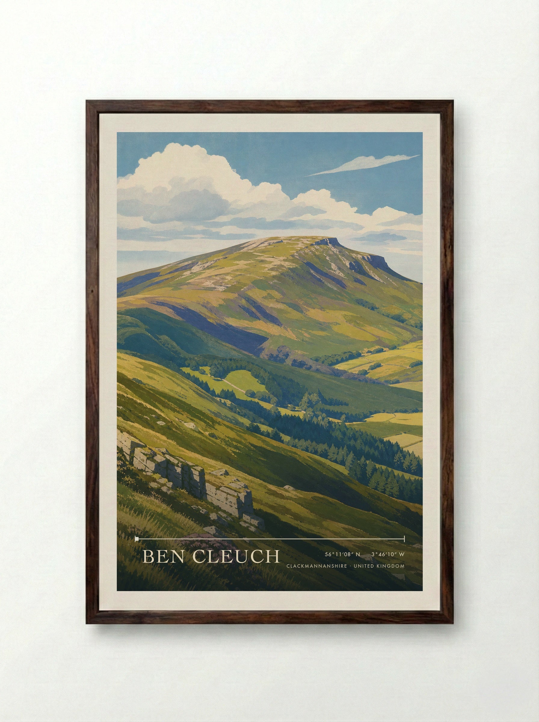 Ben Cleuch Clackmannanshire United Kingdom Travel Poster - Framed Print Dark Wood