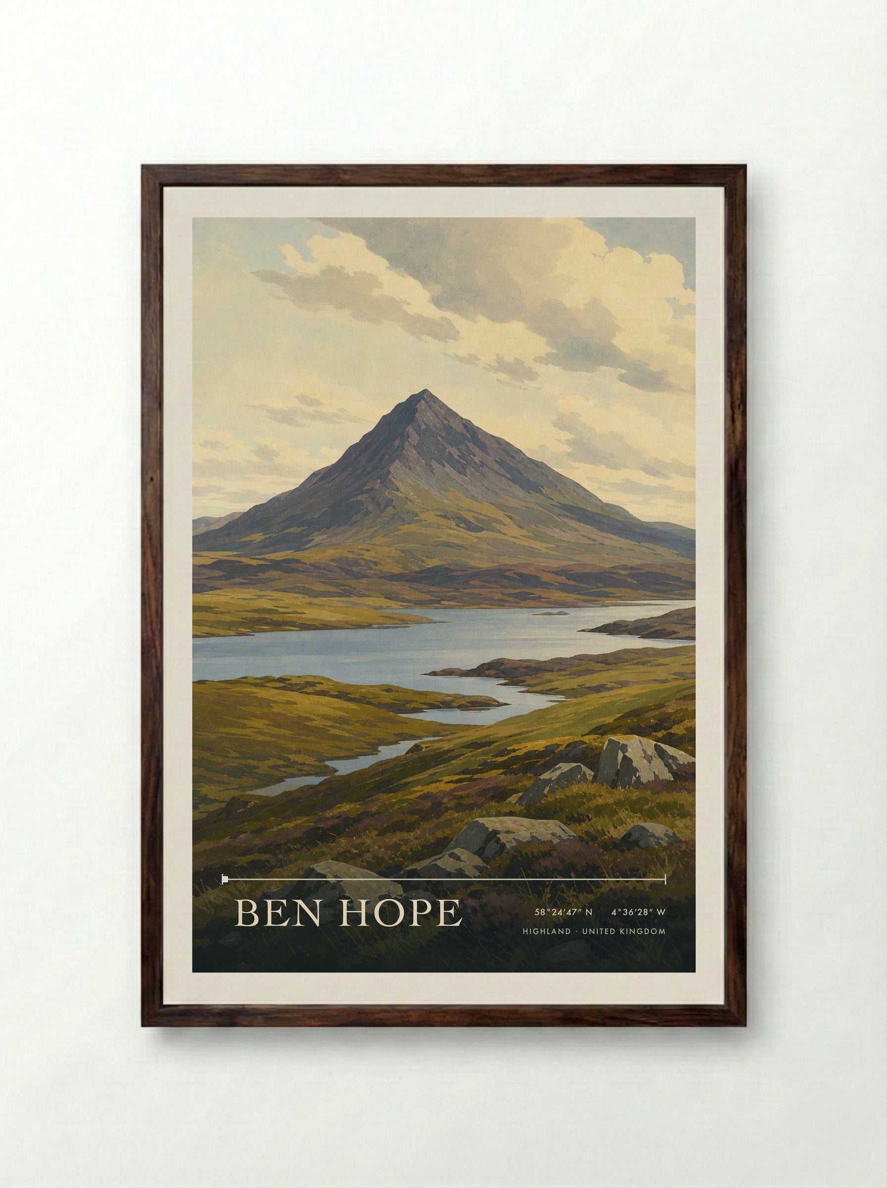 Ben Hope Highland United Kingdom Travel Poster - Framed Print Dark Wood