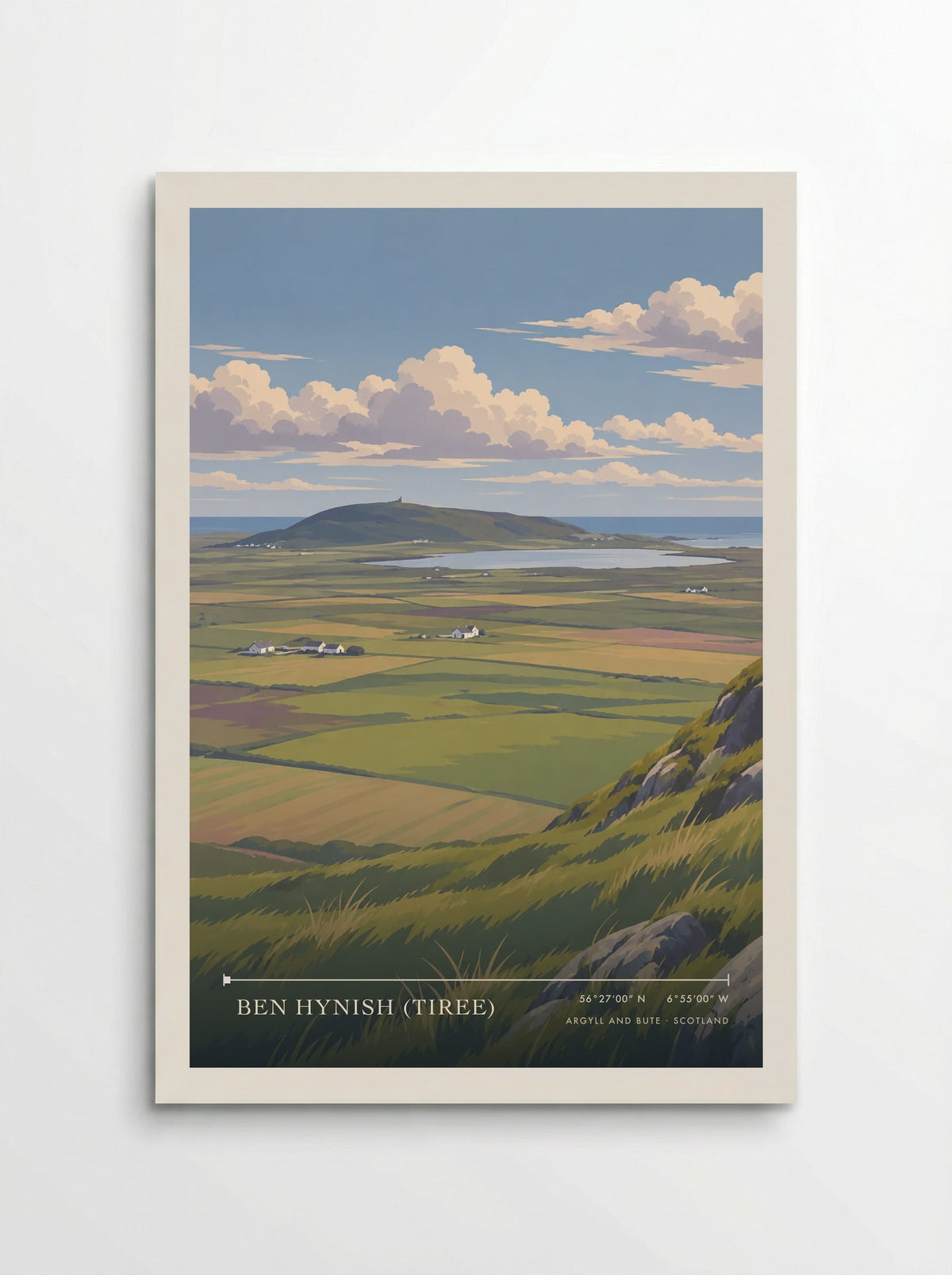 Ben Hynish (Tiree), Argyll and Bute travel poster: green crofting fields, scattered white cottages and a wide island horizon beneath bright summer clouds