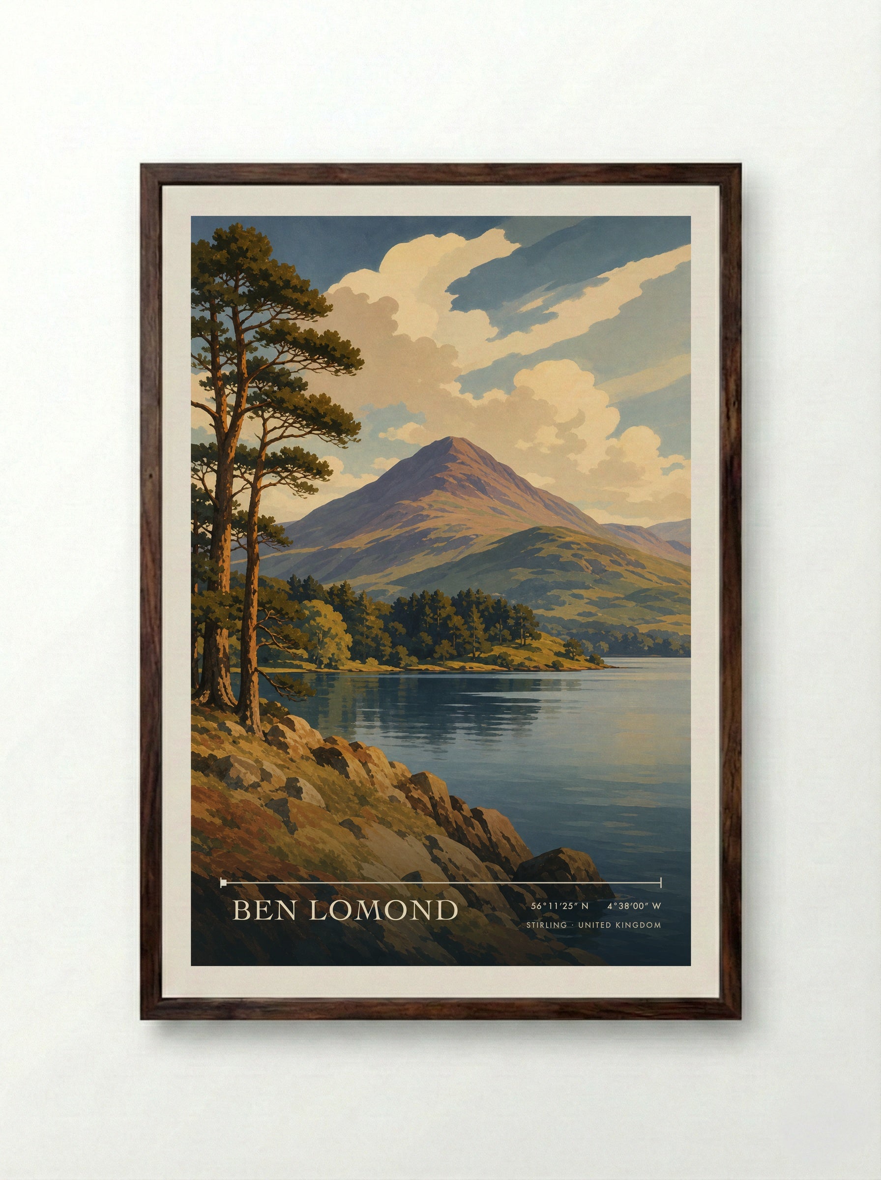 Ben Lomond Stirling United Kingdom Travel Poster - Framed Print Dark Wood