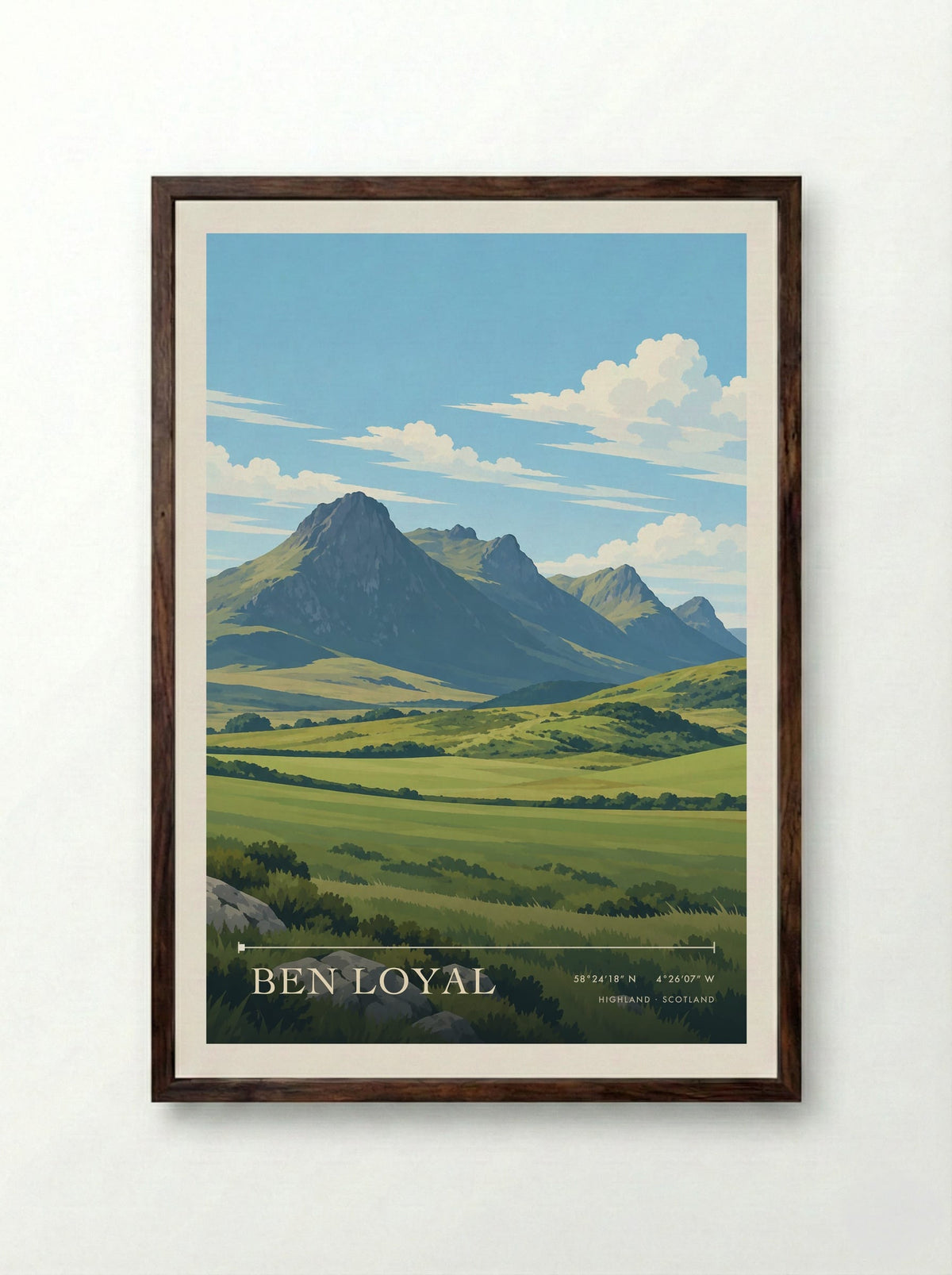 Ben Loyal, Highland | Travel Poster - Framed Print Dark Wood