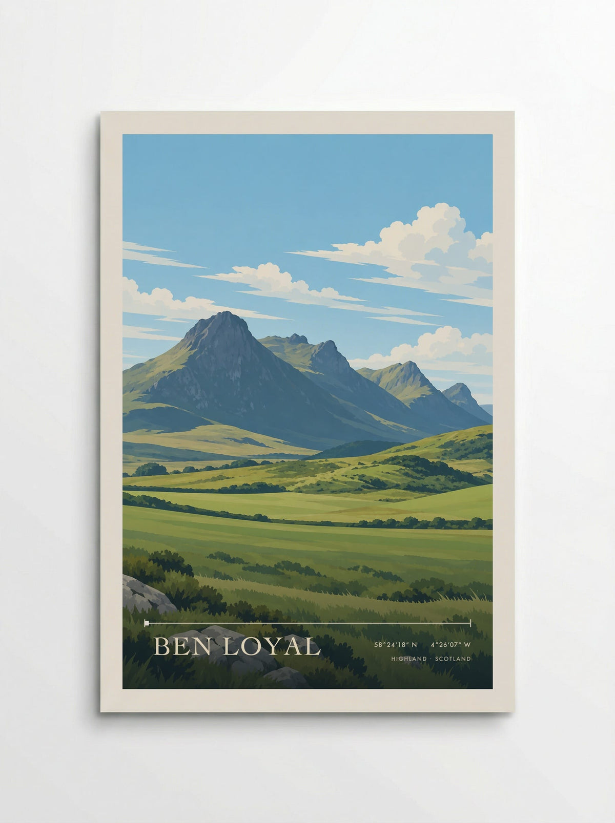 Ben Loyal, Highland travel poster: pale rock faces, near boulders and bright clouds across the Highland sky
