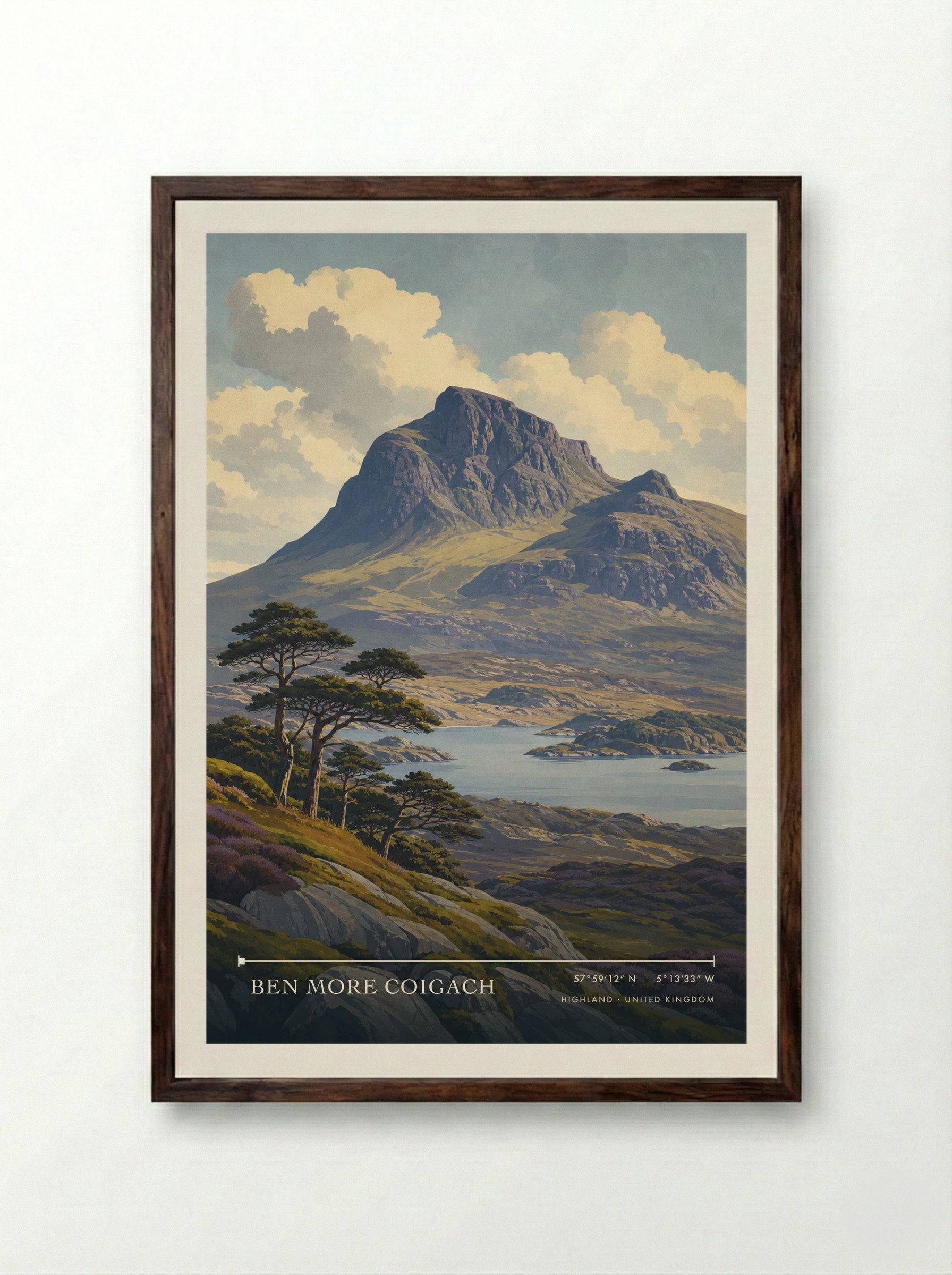 Ben More Coigach Highland United Kingdom Travel Poster - Framed Print Dark Wood