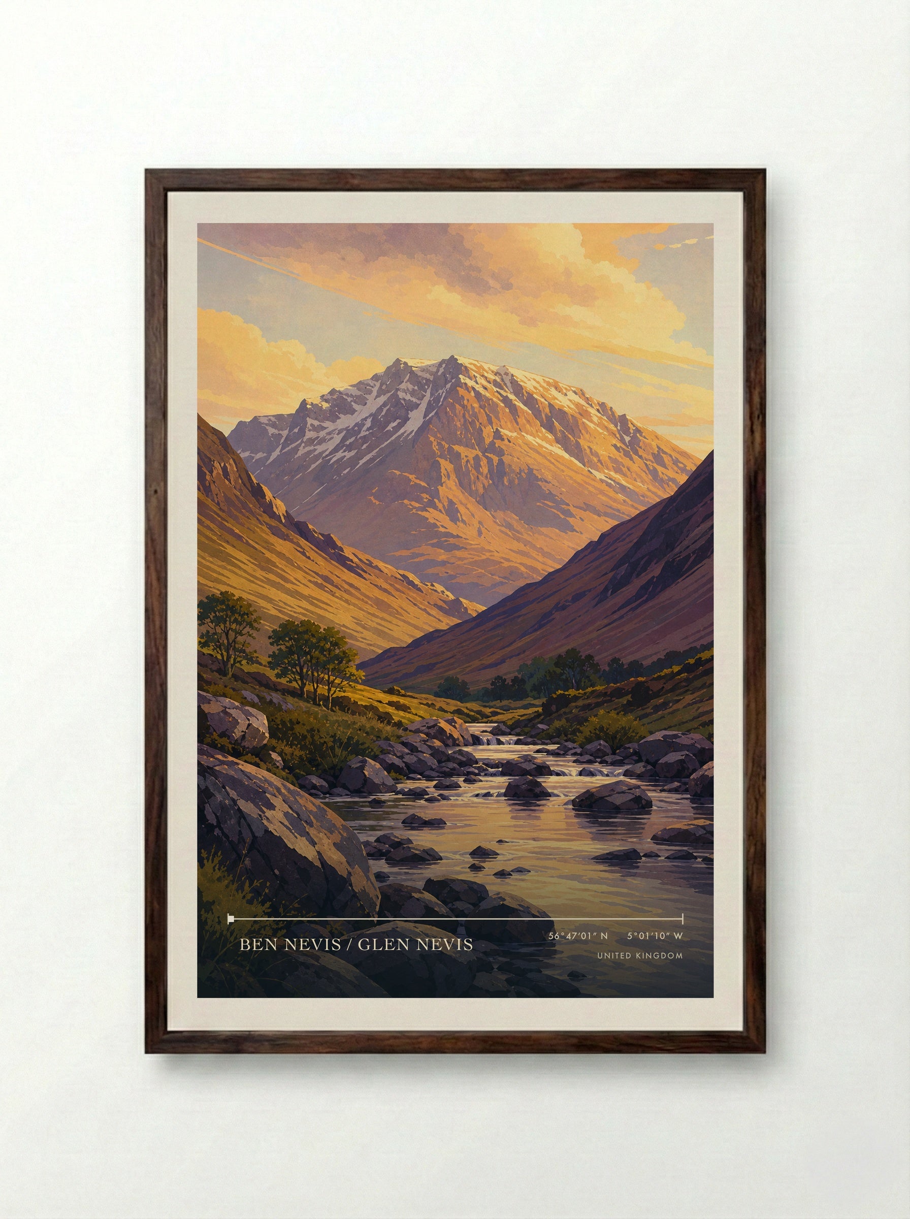 Ben Nevis / Glen Nevis United Kingdom Travel Poster - Framed Print Dark Wood