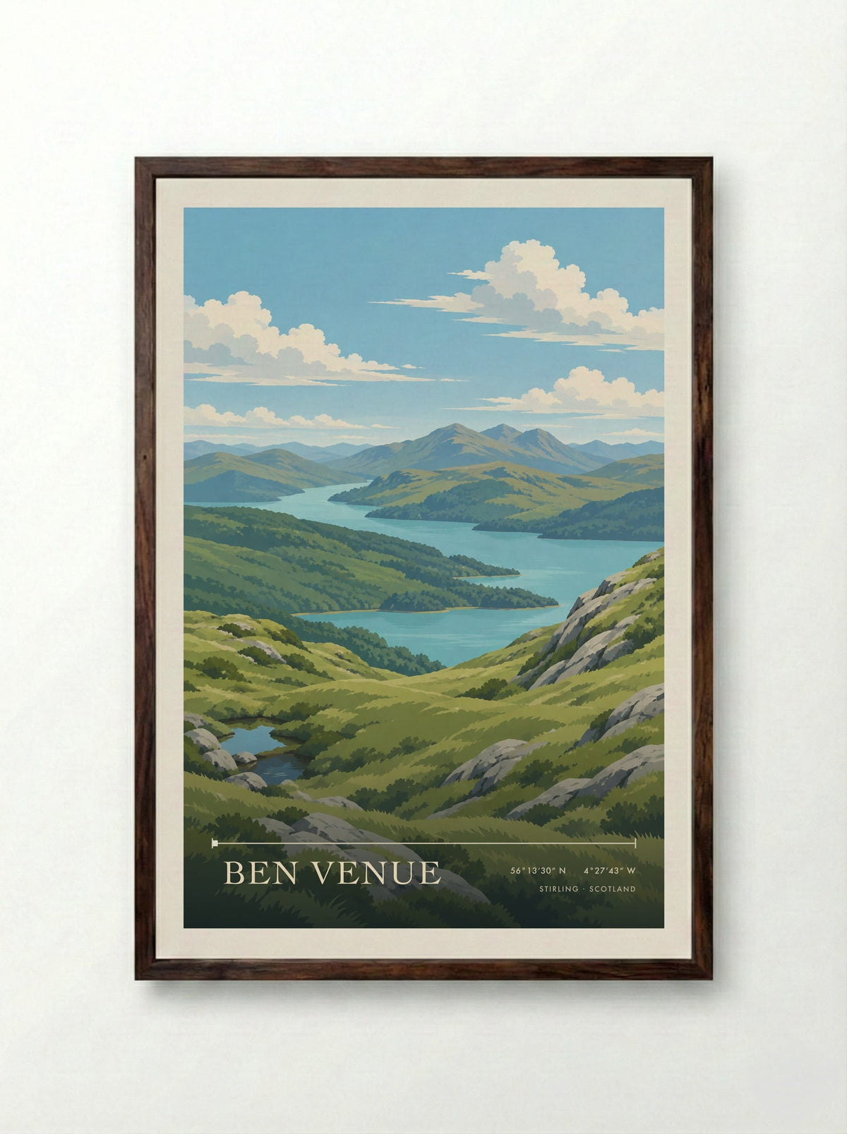 Ben Venue, Stirling | Travel Poster - Framed Print Dark Wood