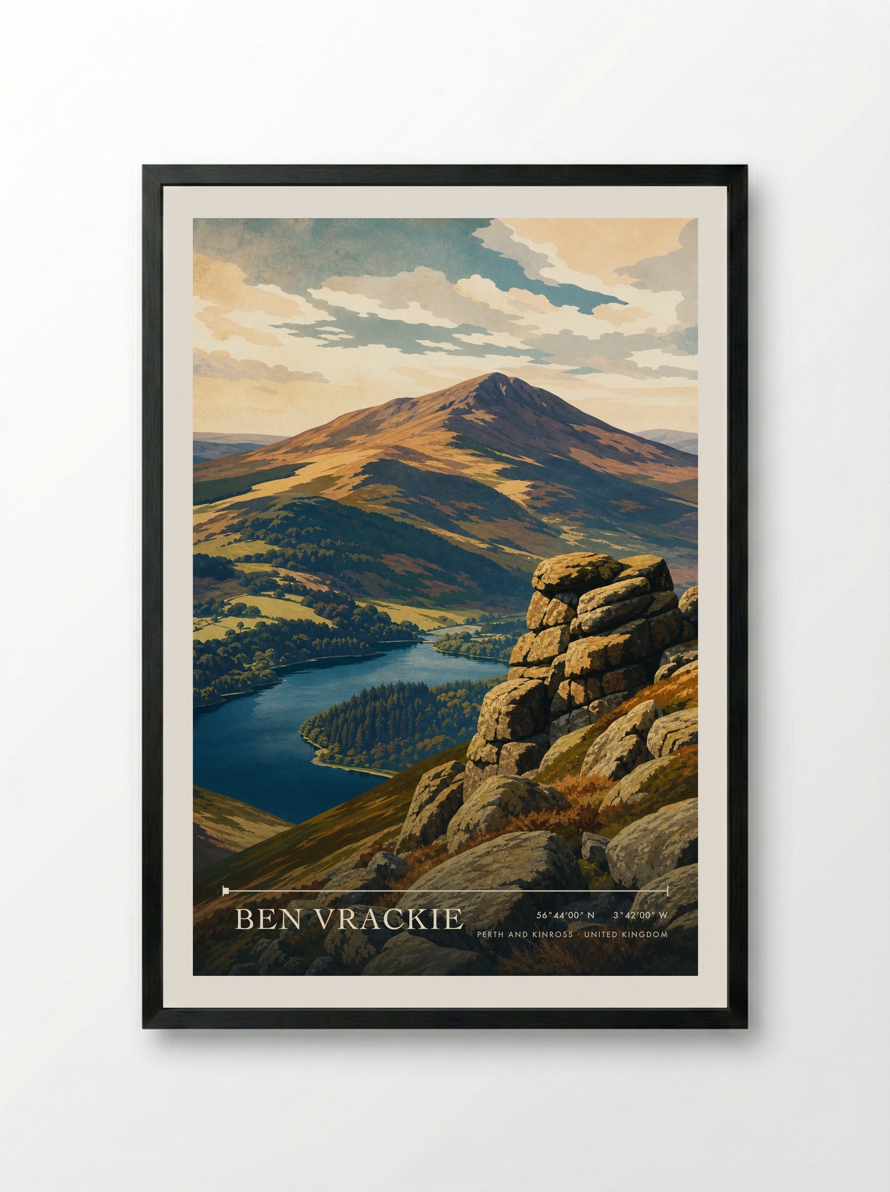Ben Vrackie Perth and Kinross United Kingdom Travel Poster - Framed Print Black