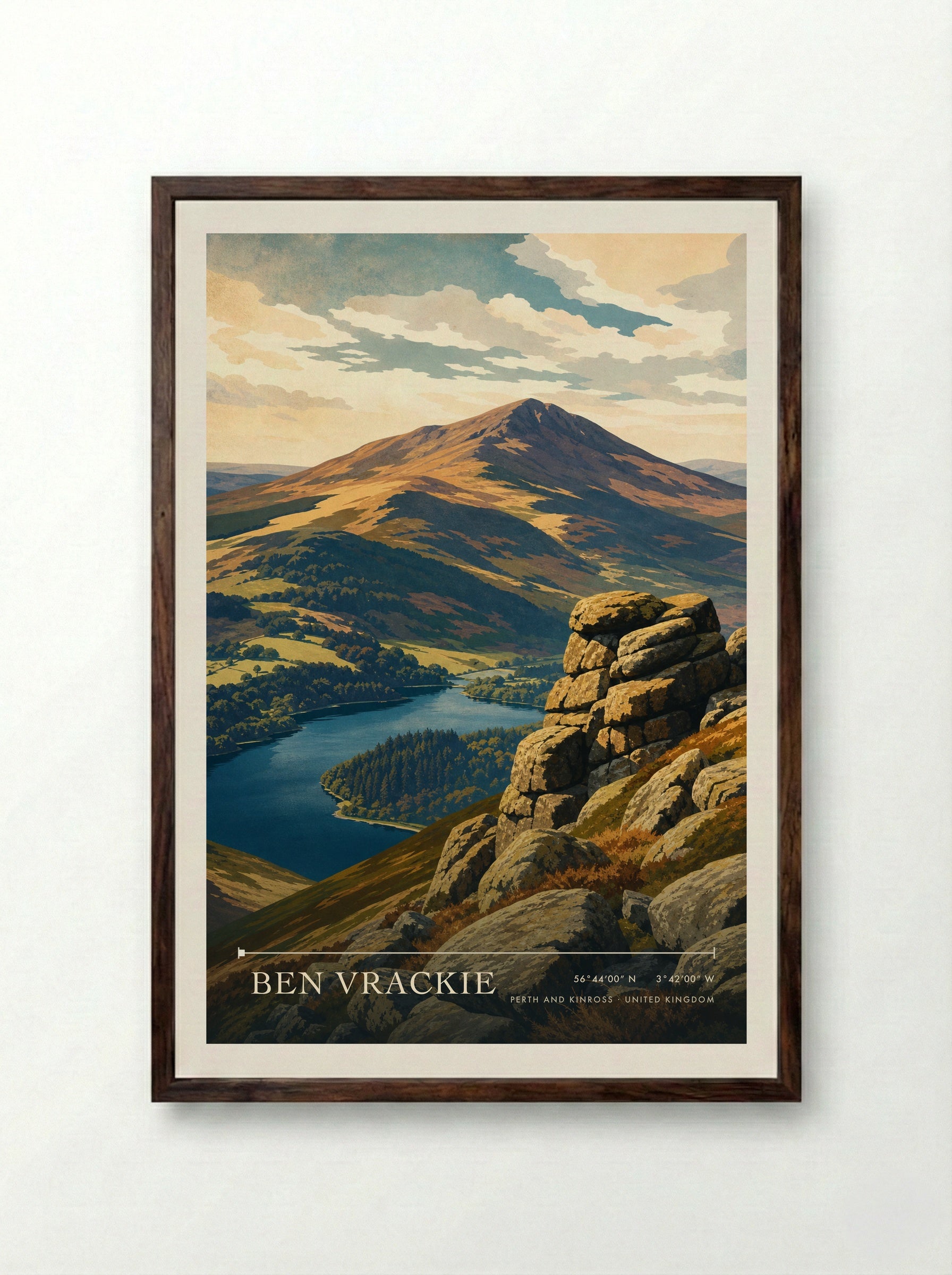 Ben Vrackie Perth and Kinross United Kingdom Travel Poster - Framed Print Dark Wood