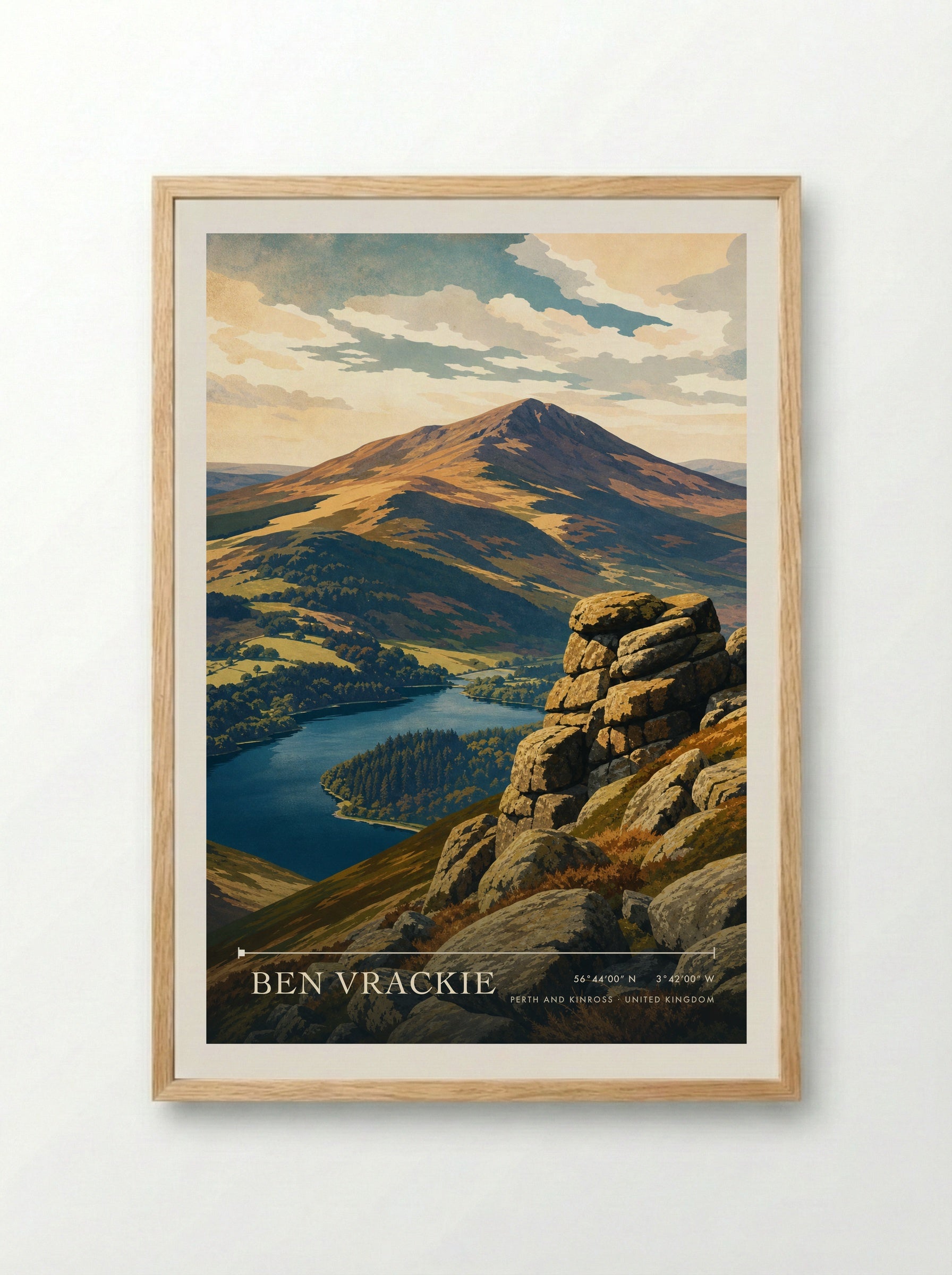 Ben Vrackie Perth and Kinross United Kingdom Travel Poster - Framed Print Wood