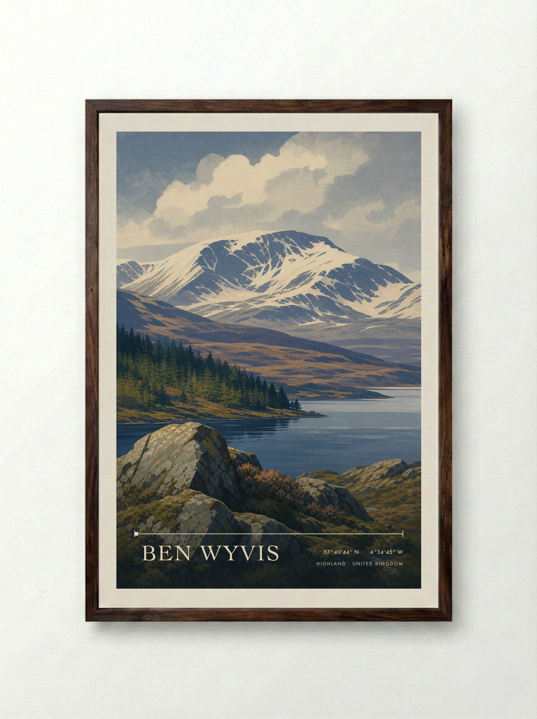 Ben Wyvis Highland United Kingdom Travel Poster - Framed Print Dark Wood