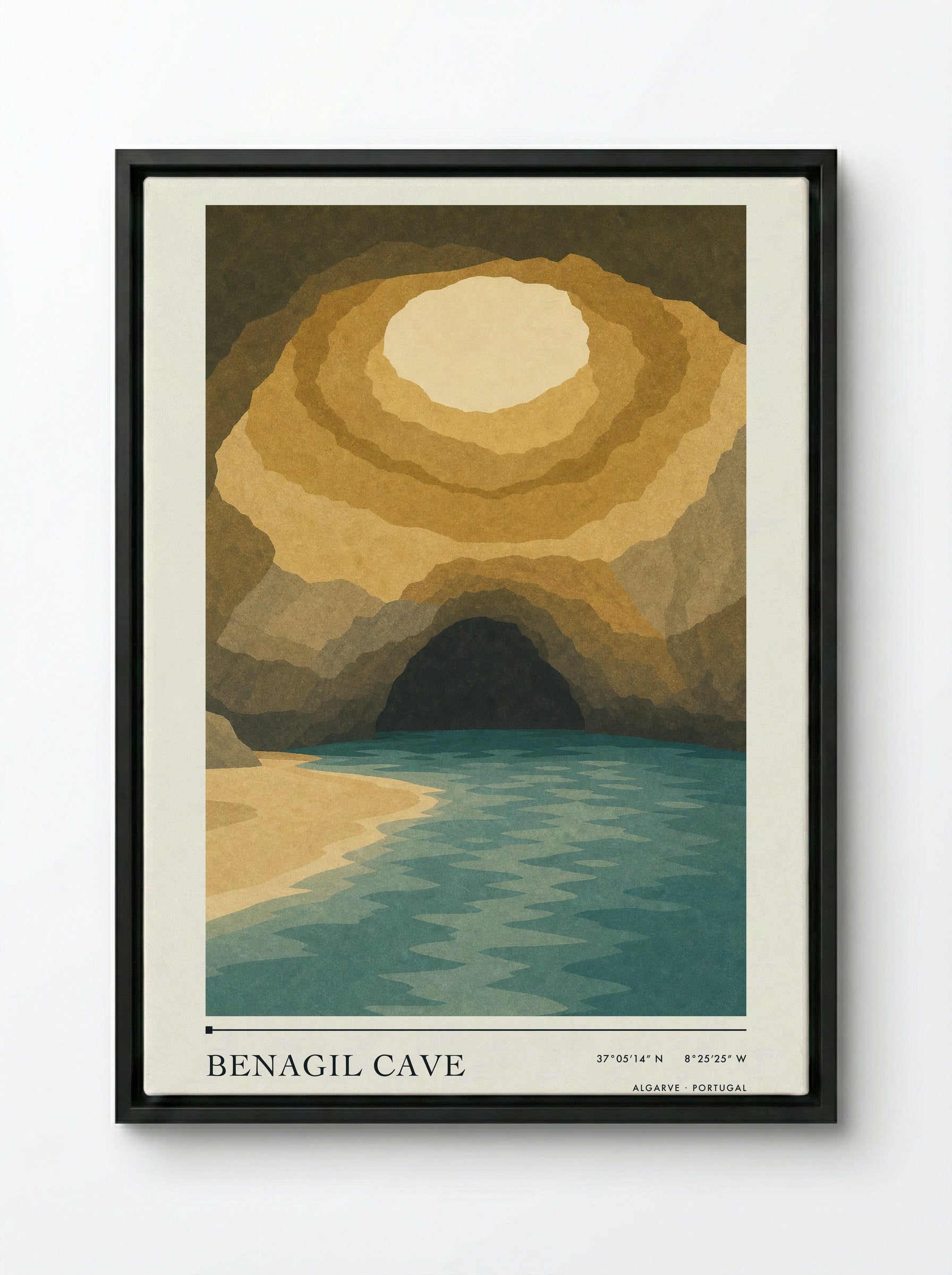 Benagil Cave Travel Poster Artwork - Framed Canvas Black