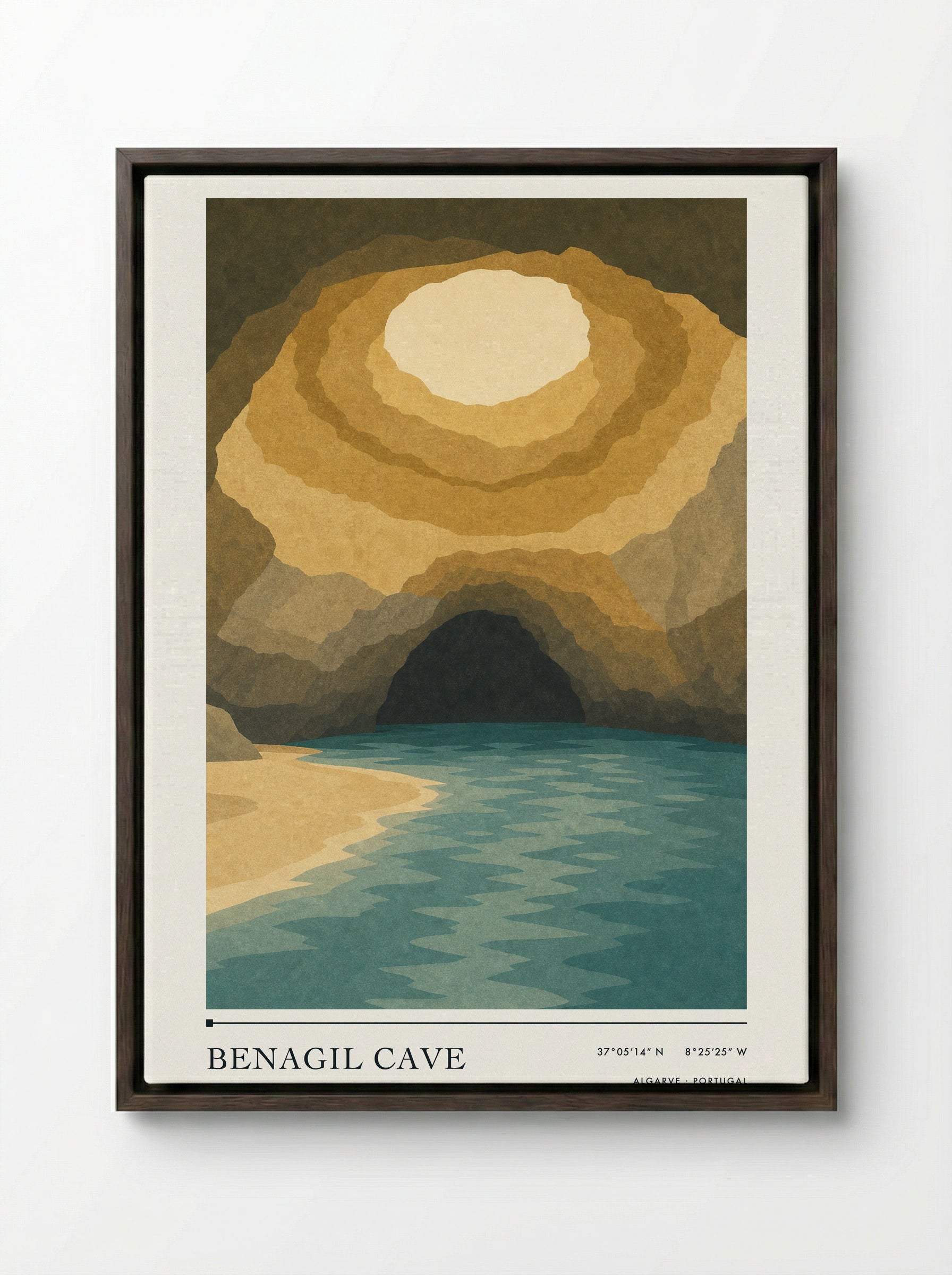 Benagil Cave Travel Poster Artwork - Framed Canvas Dark Wood