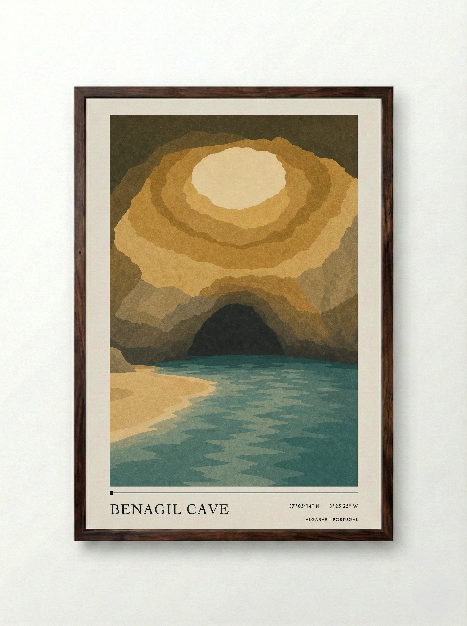 Benagil Cave Travel Poster Artwork - Framed Print Dark Wood