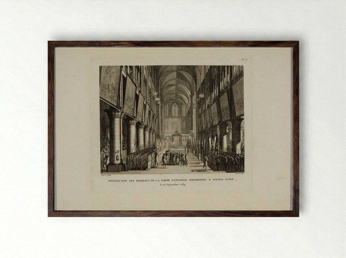 Benediction of the Flags of the National Guard of Paris in Notre Dame on September 27, 1789 - Pierre Gabriel Berthault - Framed Print Dark Wood