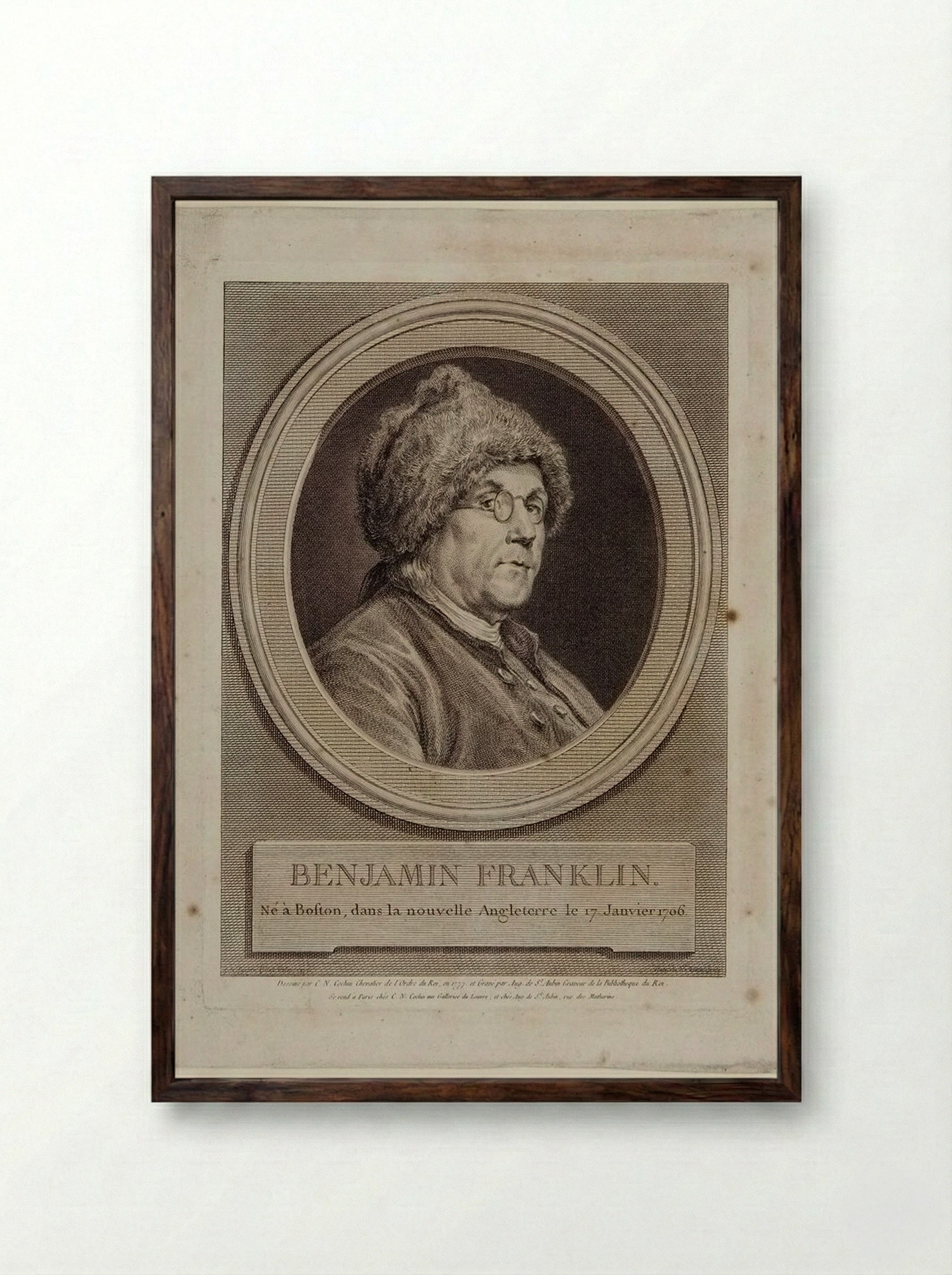 Benjamin Franklin - Augustin de Saint-Aubin - Framed Print Dark Wood