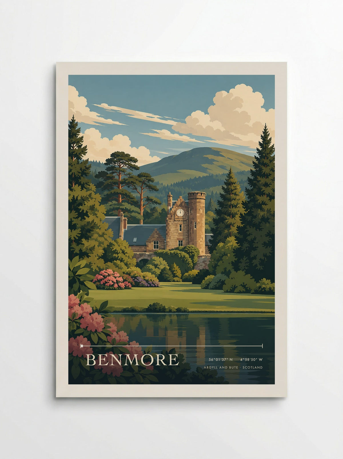 Benmore, Argyll and Bute travel poster: pink flowers, tall conifers, a turreted stone building and reflections beneath a smooth green hillside