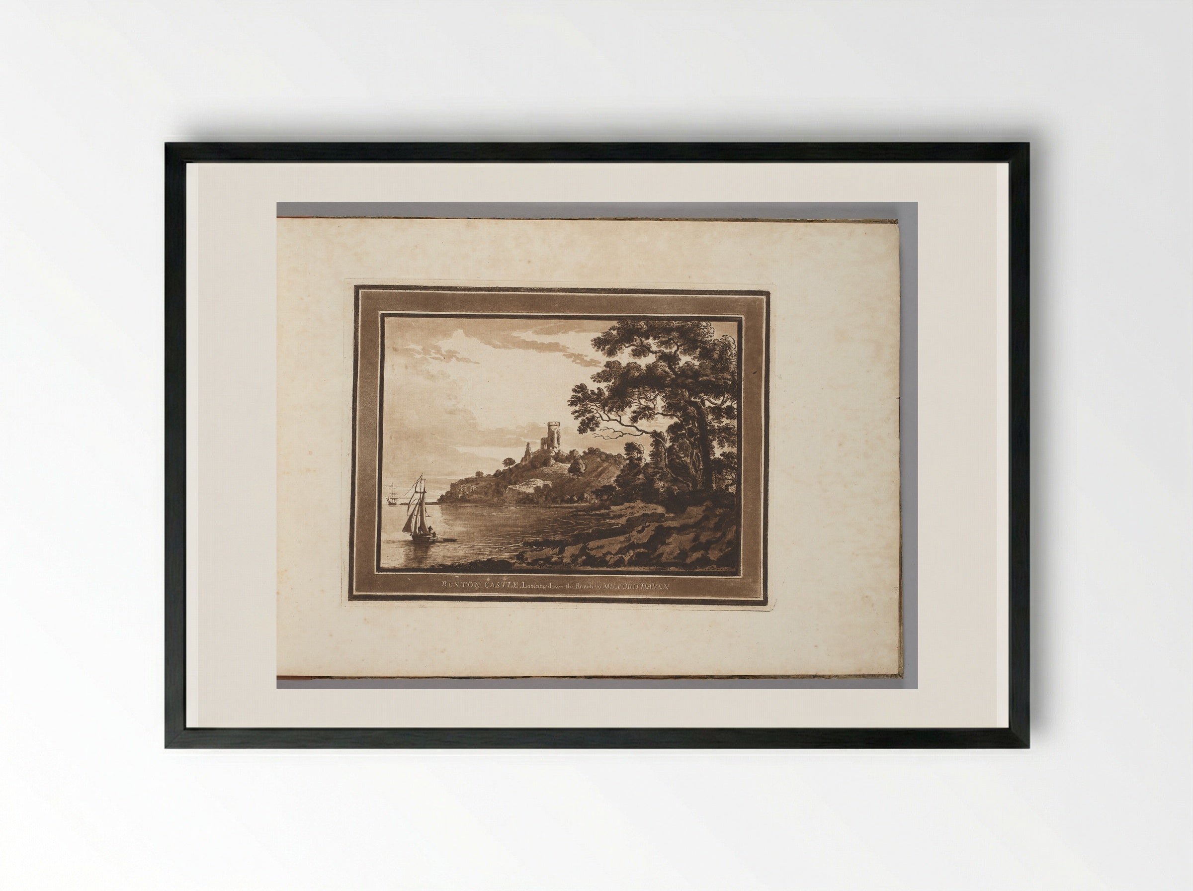 Benton Castle Looking Down the Reach to Milford Haven - Paul Sandby - Framed Print Black