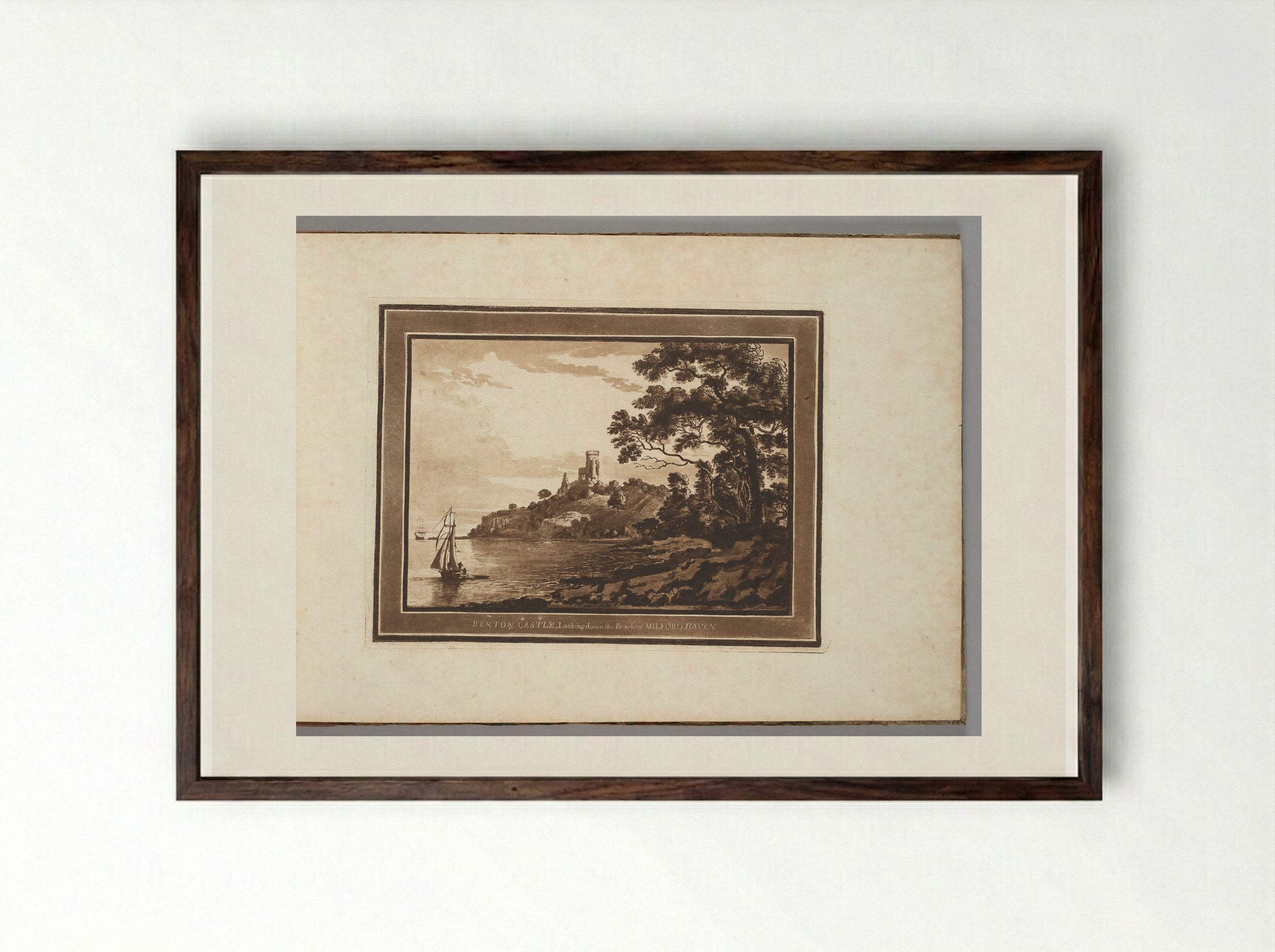 Benton Castle Looking Down the Reach to Milford Haven - Paul Sandby - Framed Print Dark Wood