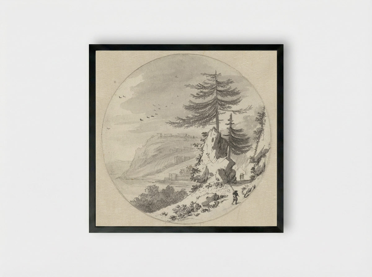 Bergachtig kustlandschap met een grote naaldboom - Hendrik van der Straaten - Framed Print Black