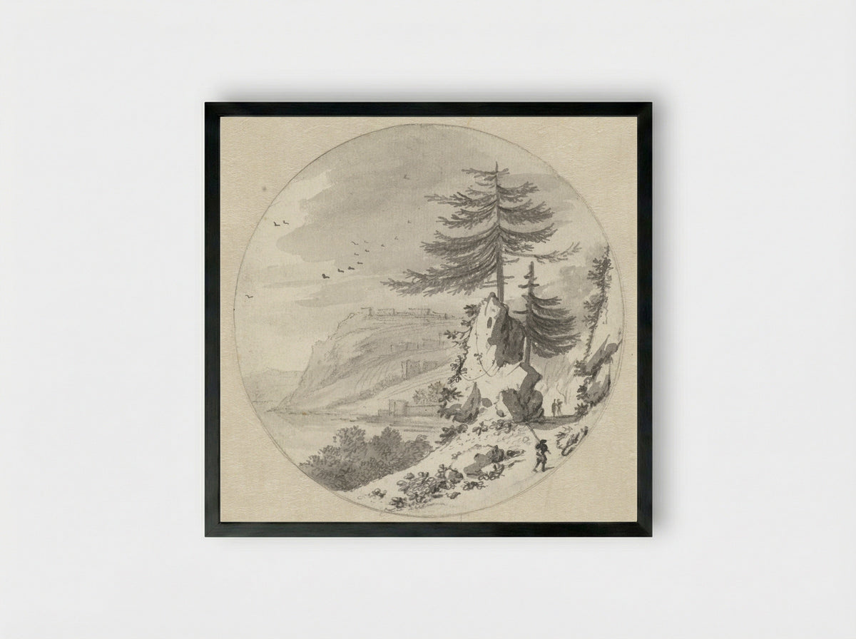 Bergachtig kustlandschap met een grote naaldboom - Hendrik van der Straaten - Framed Print Black