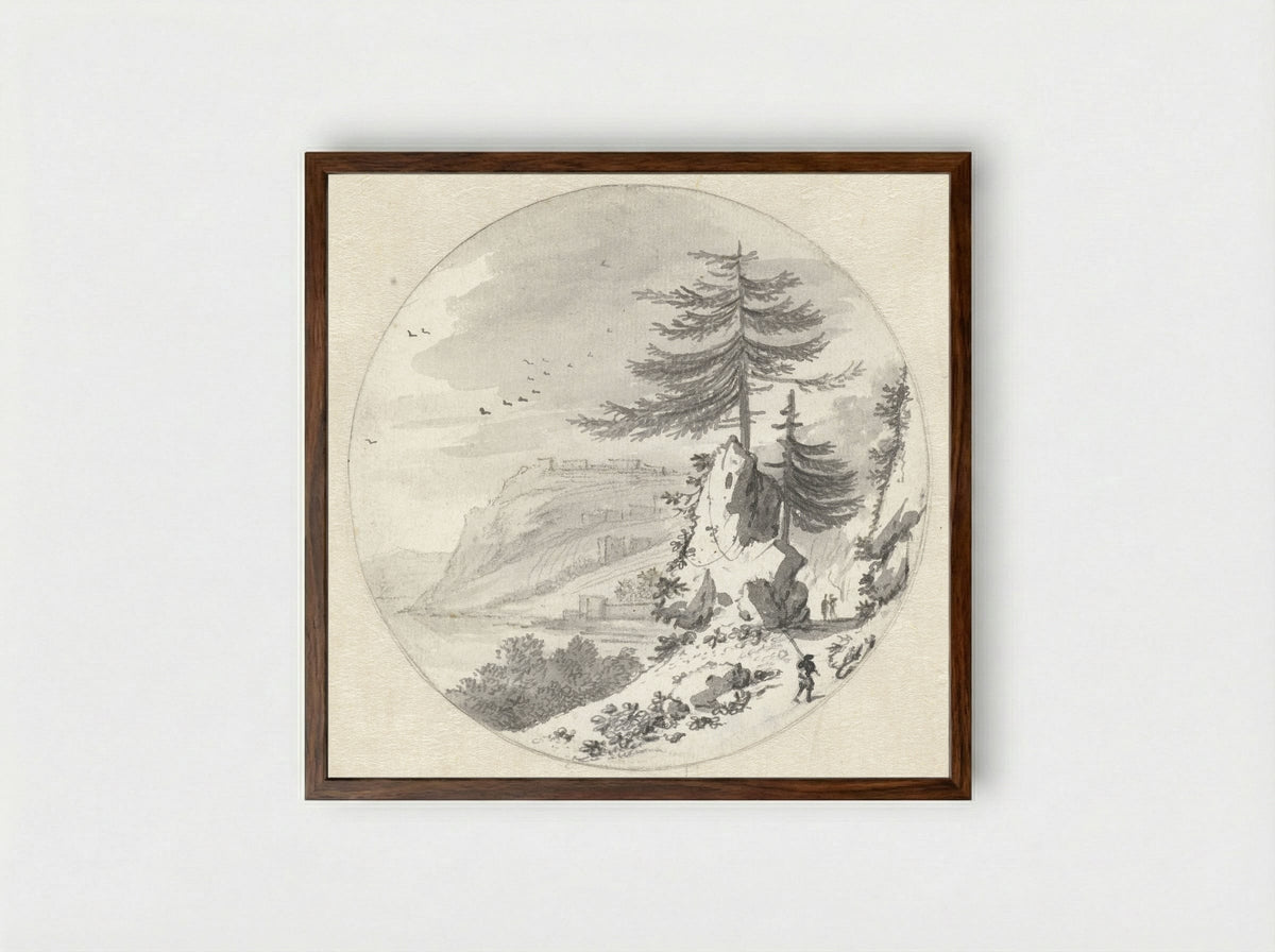 Bergachtig kustlandschap met een grote naaldboom - Hendrik van der Straaten - Framed Print Dark Wood