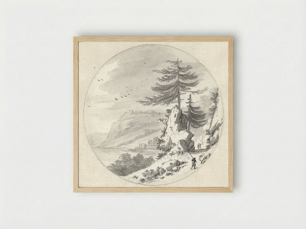 Bergachtig kustlandschap met een grote naaldboom - Hendrik van der Straaten - Framed Print Wood