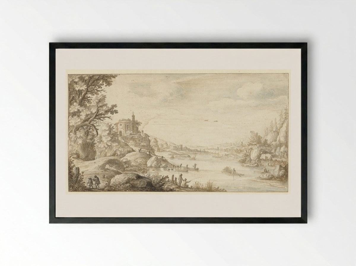 Bergachtig landschap met een ronde kapel aan de oever van een rivier - Marten de Cock - Framed Print Black