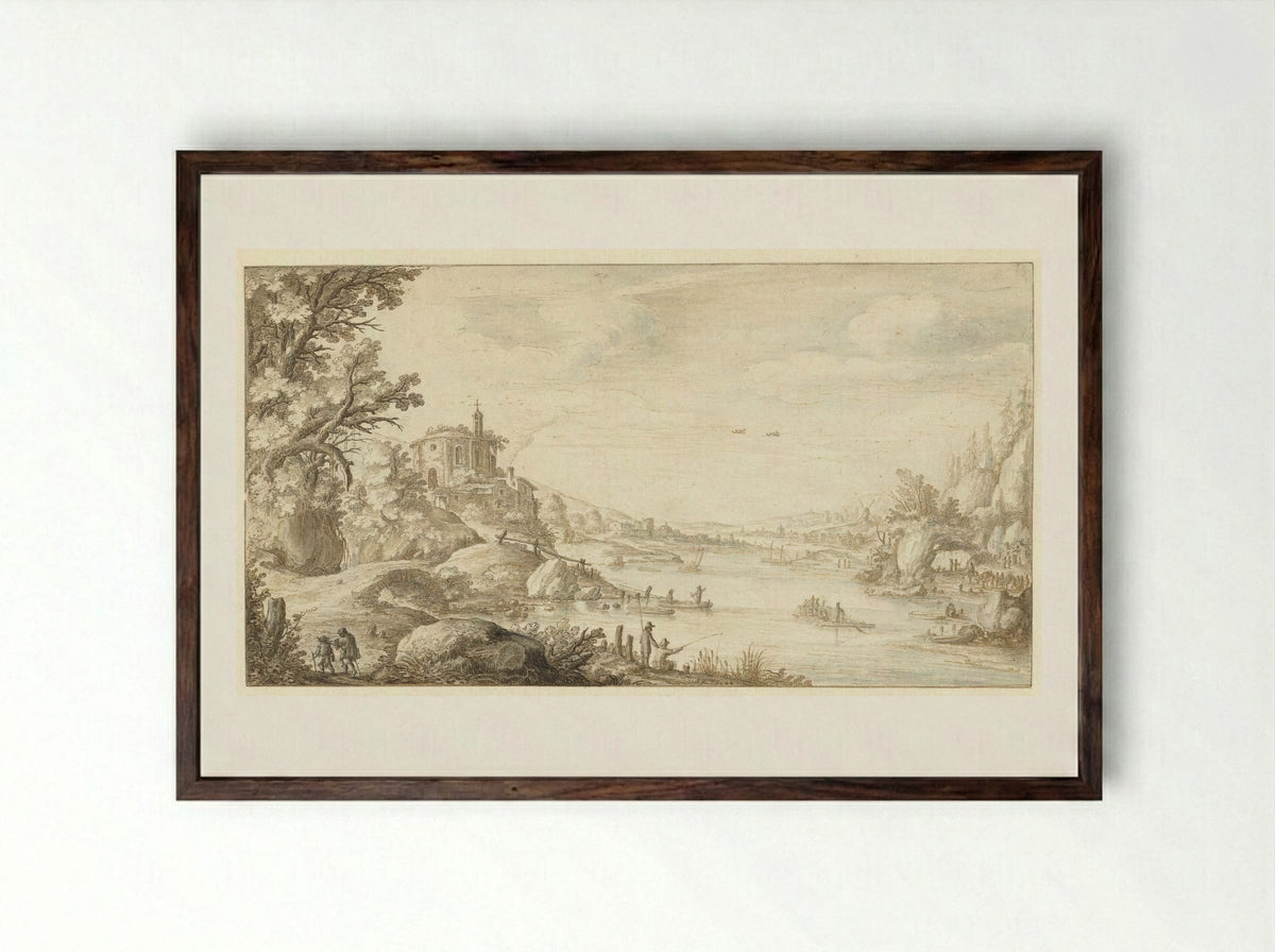 Bergachtig landschap met een ronde kapel aan de oever van een rivier - Marten de Cock - Framed Print Dark Wood