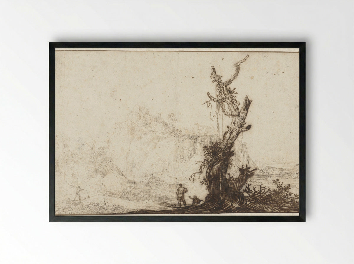 Bergachtig landschap met op de voorgrond een kale boom - Monogrammist BVB - Framed Print Black