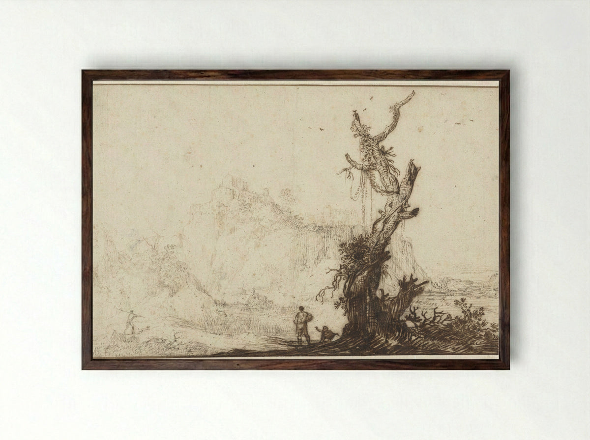 Bergachtig landschap met op de voorgrond een kale boom - Monogrammist BVB - Framed Print Dark Wood