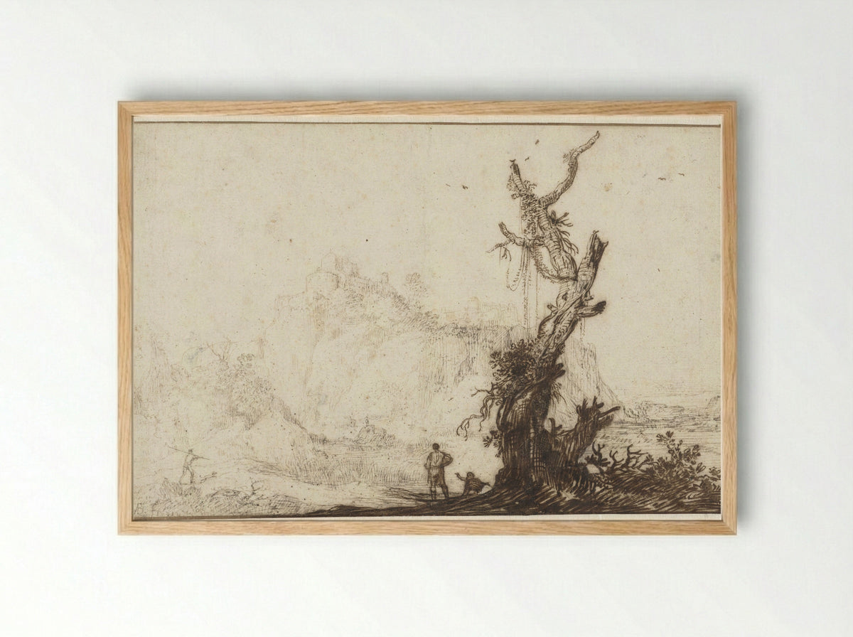 Bergachtig landschap met op de voorgrond een kale boom - Monogrammist BVB - Framed Print Wood