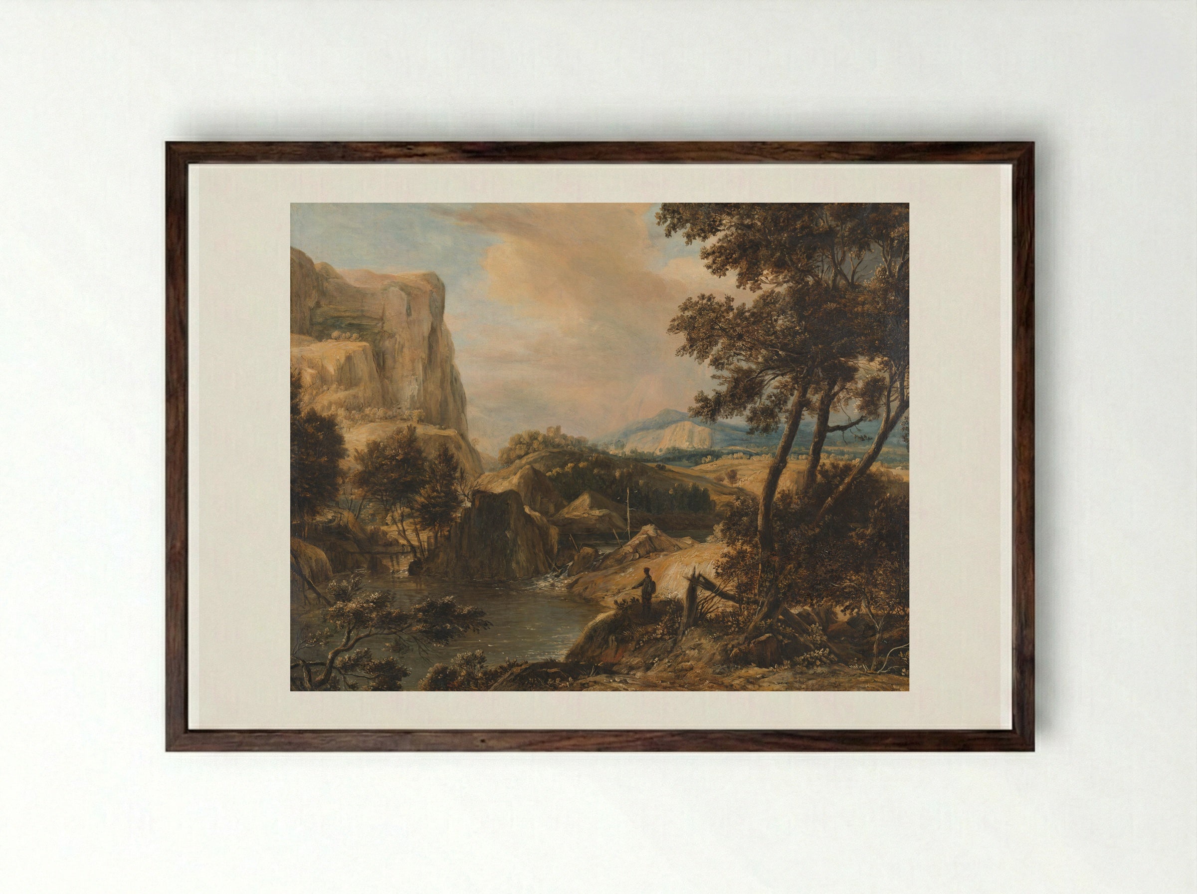 Bergachtig landschap met visser - Roelant Roghman - Framed Print Dark Wood