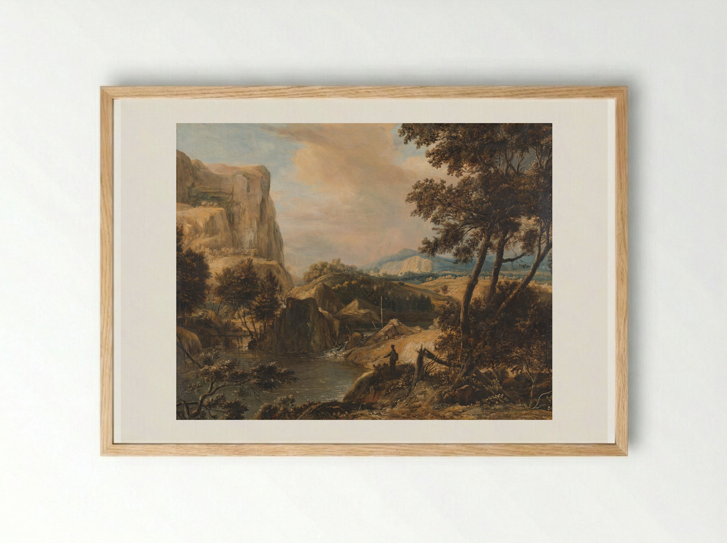 Bergachtig landschap met visser - Roelant Roghman - Framed Print Wood