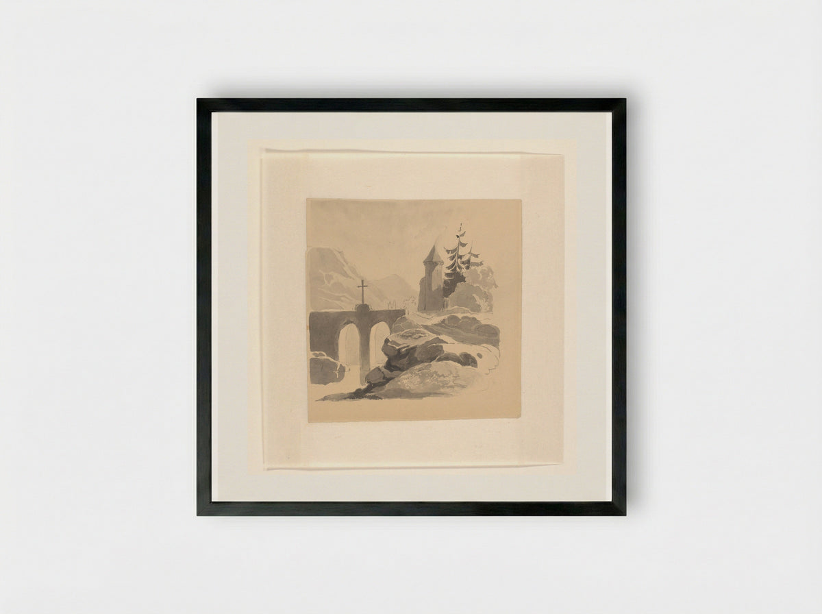 Berglandschap met een brug en toren - Johannes van Reijn - Framed Print Black