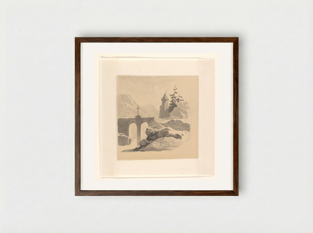 Berglandschap met een brug en toren - Johannes van Reijn - Framed Print Dark Wood