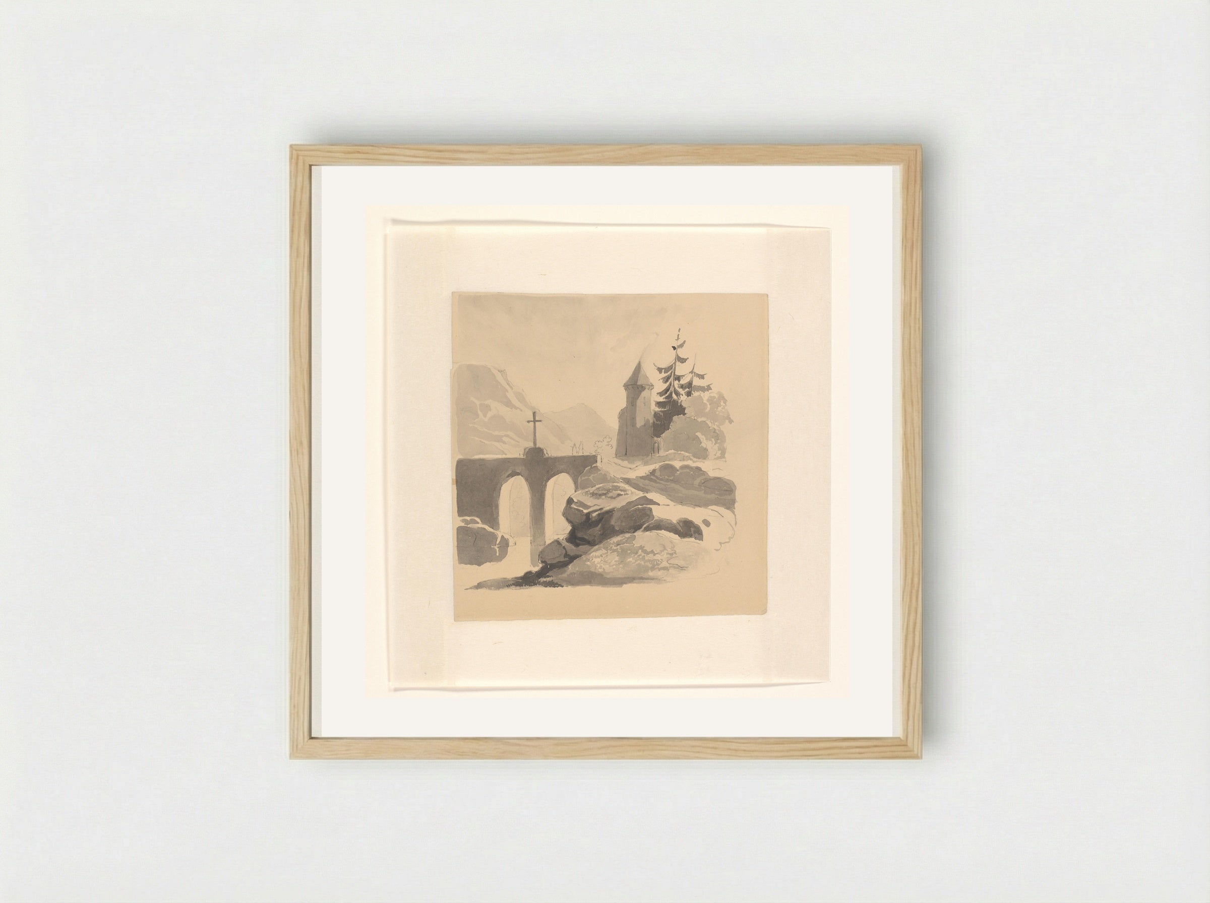 Berglandschap met een brug en toren - Johannes van Reijn - Framed Print Wood
