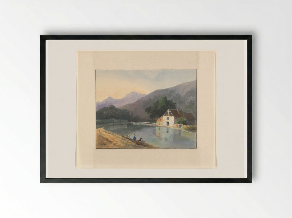 Berglandschap met een huis aan een rivier - Johannes van Reijn - Framed Print Black