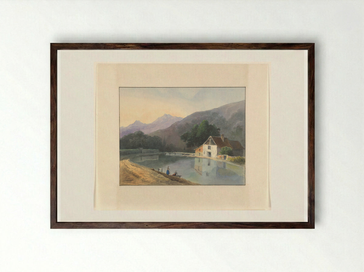 Berglandschap met een huis aan een rivier - Johannes van Reijn - Framed Print Dark Wood
