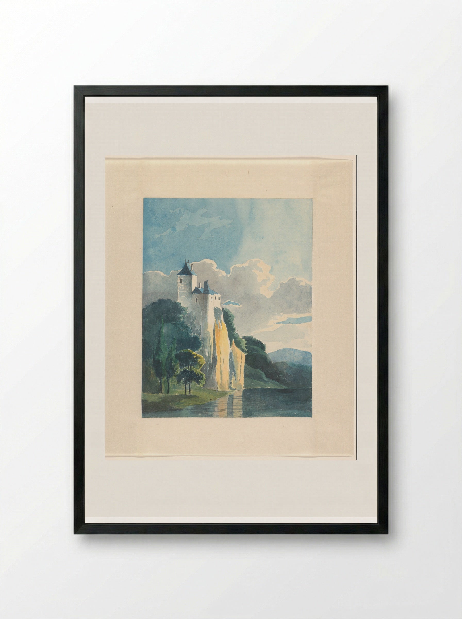 Berglandschap met een kasteel aan een meer - Johannes van Reijn - Framed Print Black